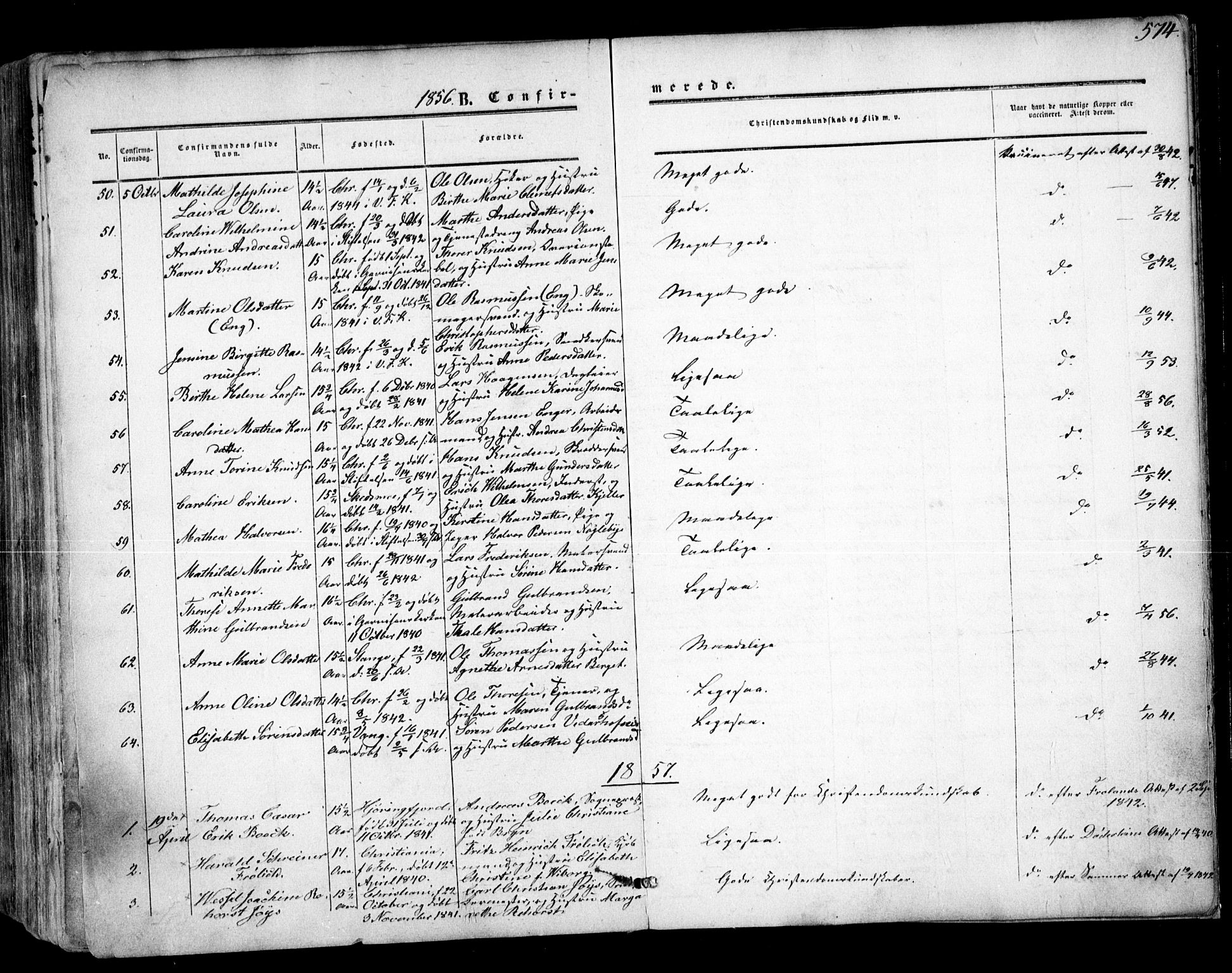 Oslo domkirke Kirkebøker, SAO/A-10752/F/Fa/L0014: Parish register (official) no. 14, 1850-1857, p. 574