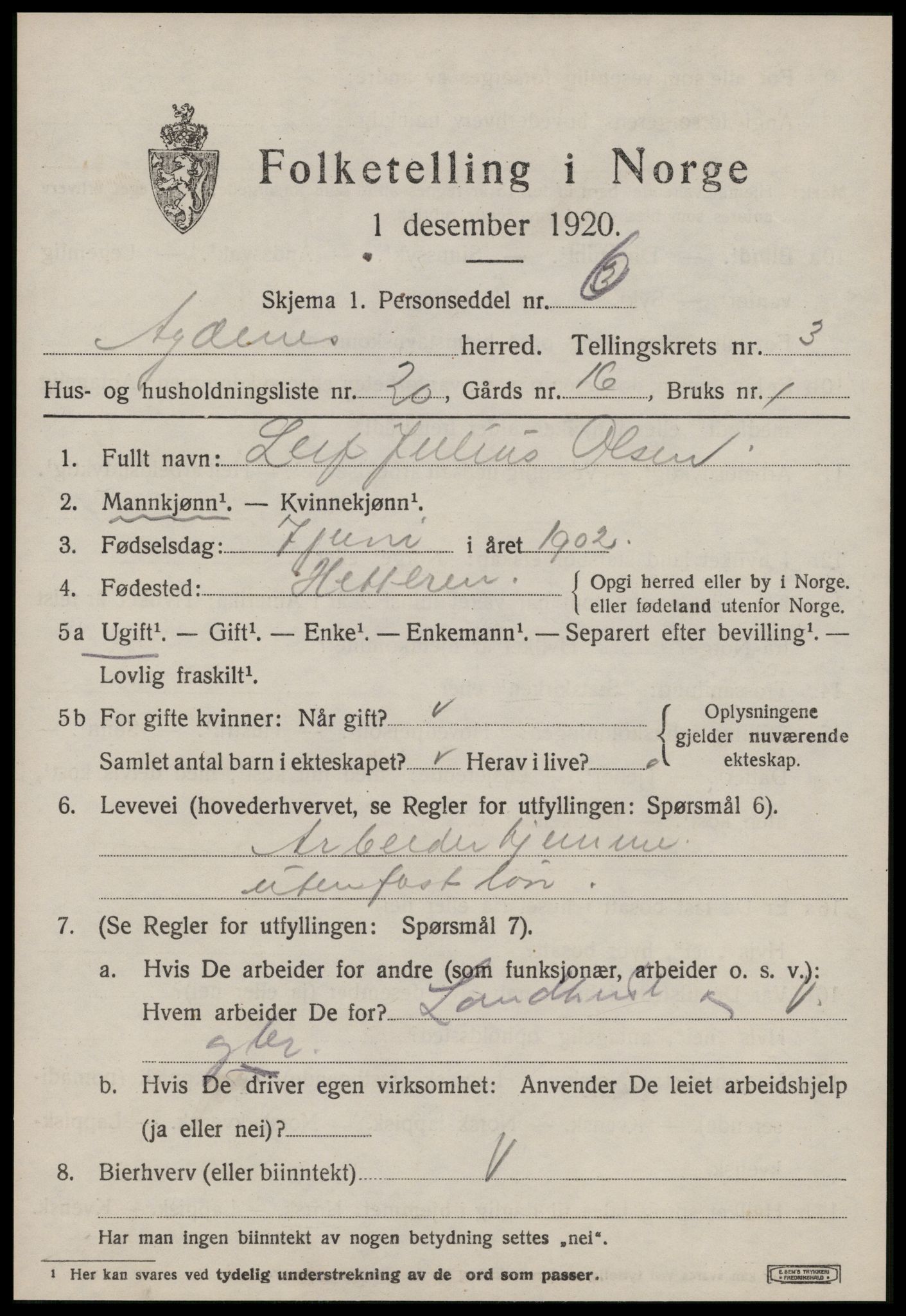 SAT, 1920 census for Agdenes, 1920, p. 2025