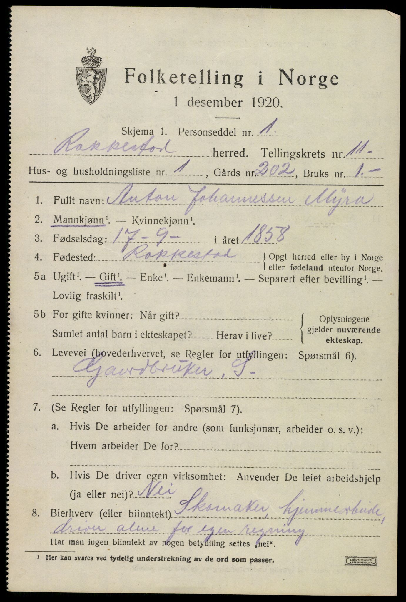 SAO, 1920 census for Rakkestad, 1920, p. 9857