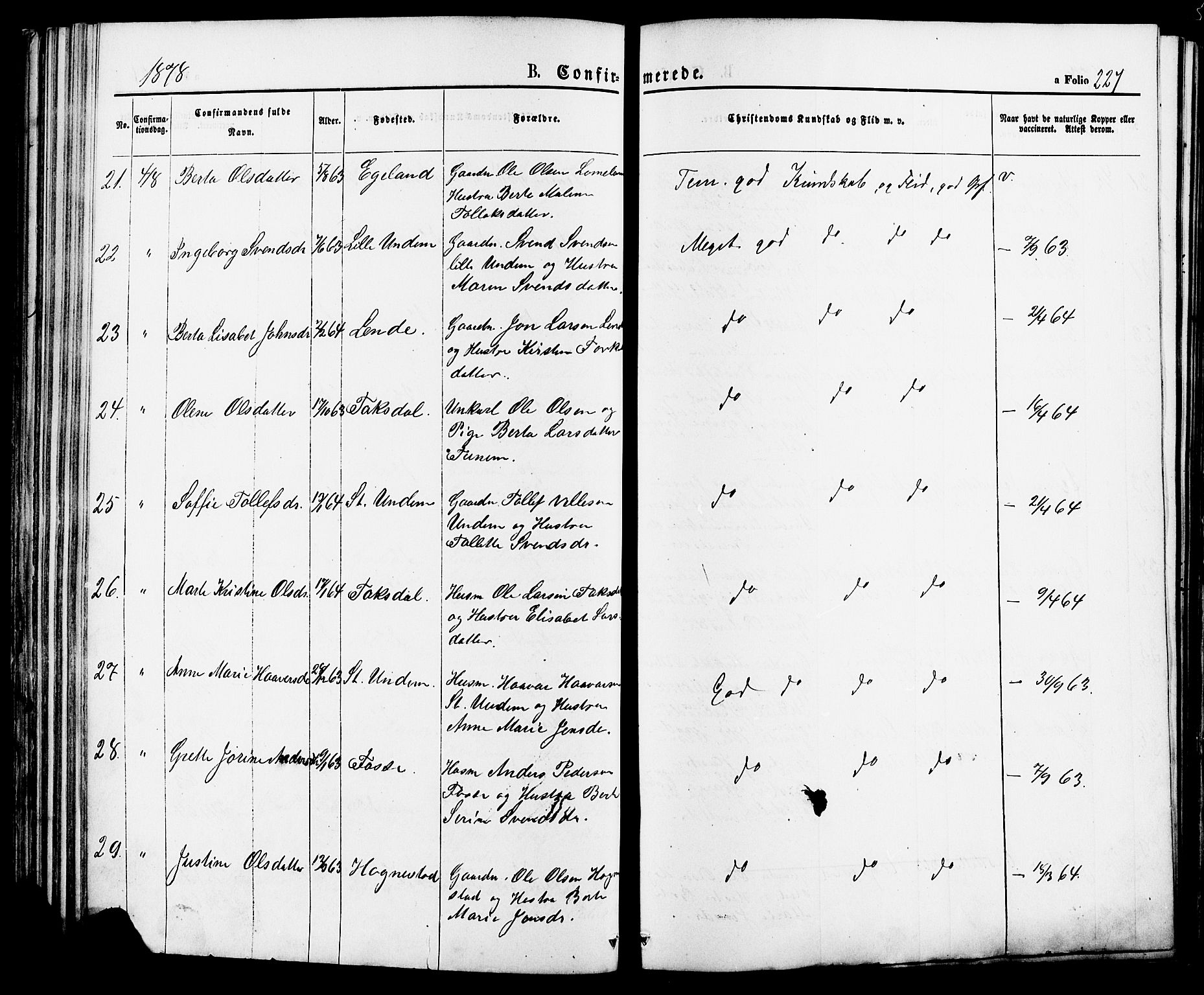 Lye sokneprestkontor, AV/SAST-A-101794/001/30BA/L0008: Parish register (official) no. A 7, 1872-1881, p. 227