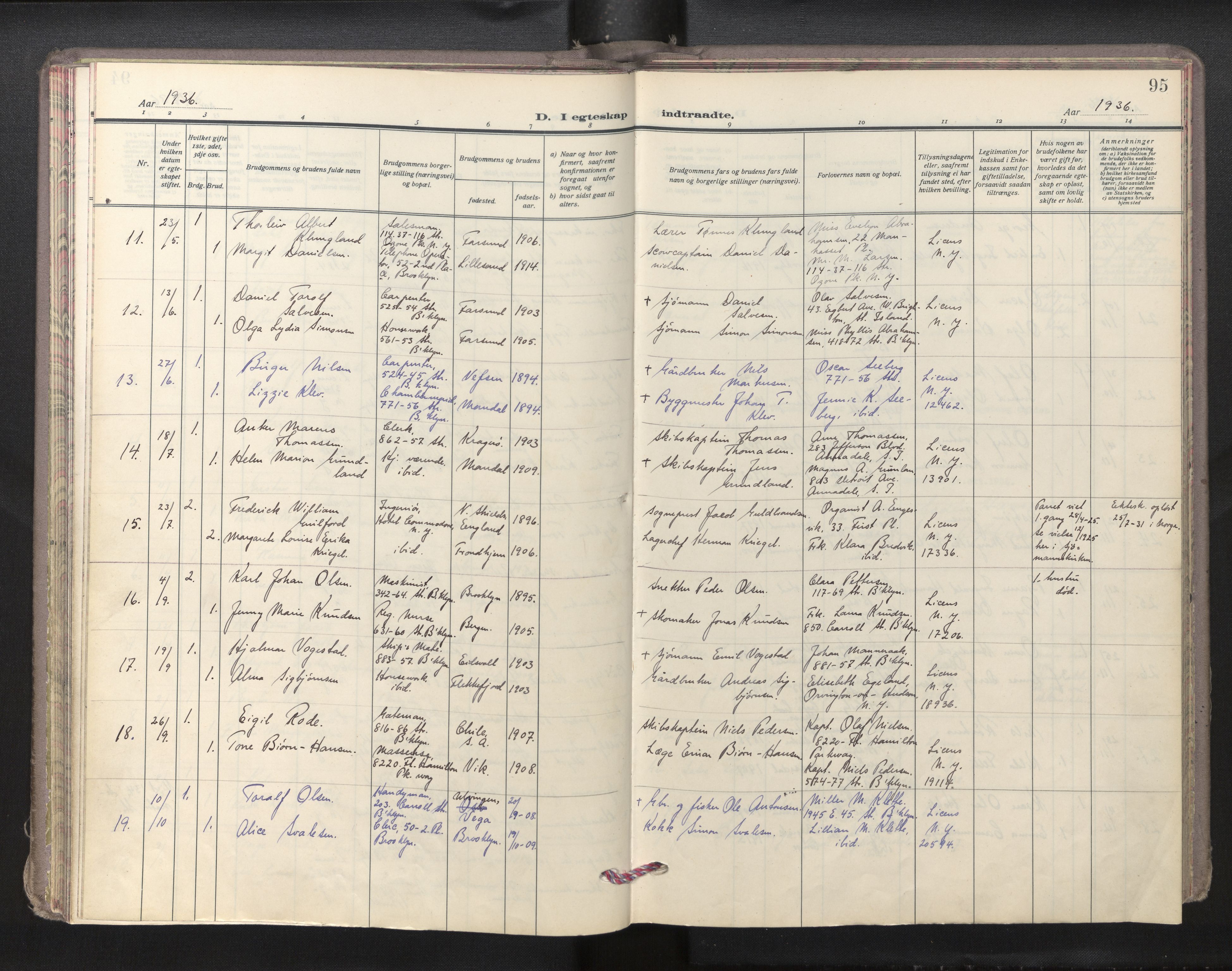 Den norske sjømannsmisjon i utlandet/New York, AV/SAB-SAB/PA-0110/H/Ha/L0009: Parish register (official) no. A 9, 1935-1945, p. 94b-95a