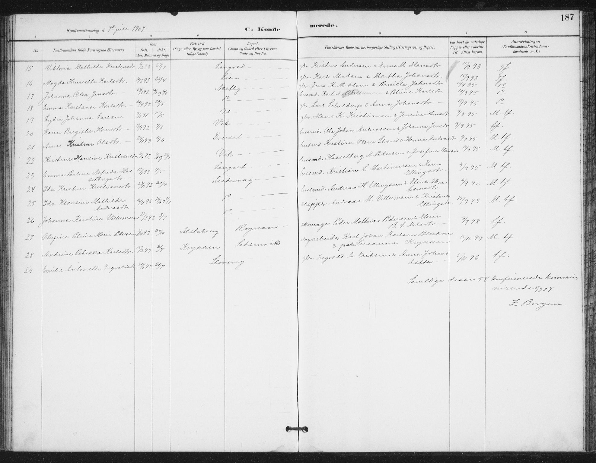 Ministerialprotokoller, klokkerbøker og fødselsregistre - Nordland, SAT/A-1459/847/L0682: Parish register (copy) no. 847C10, 1889-1907, p. 187