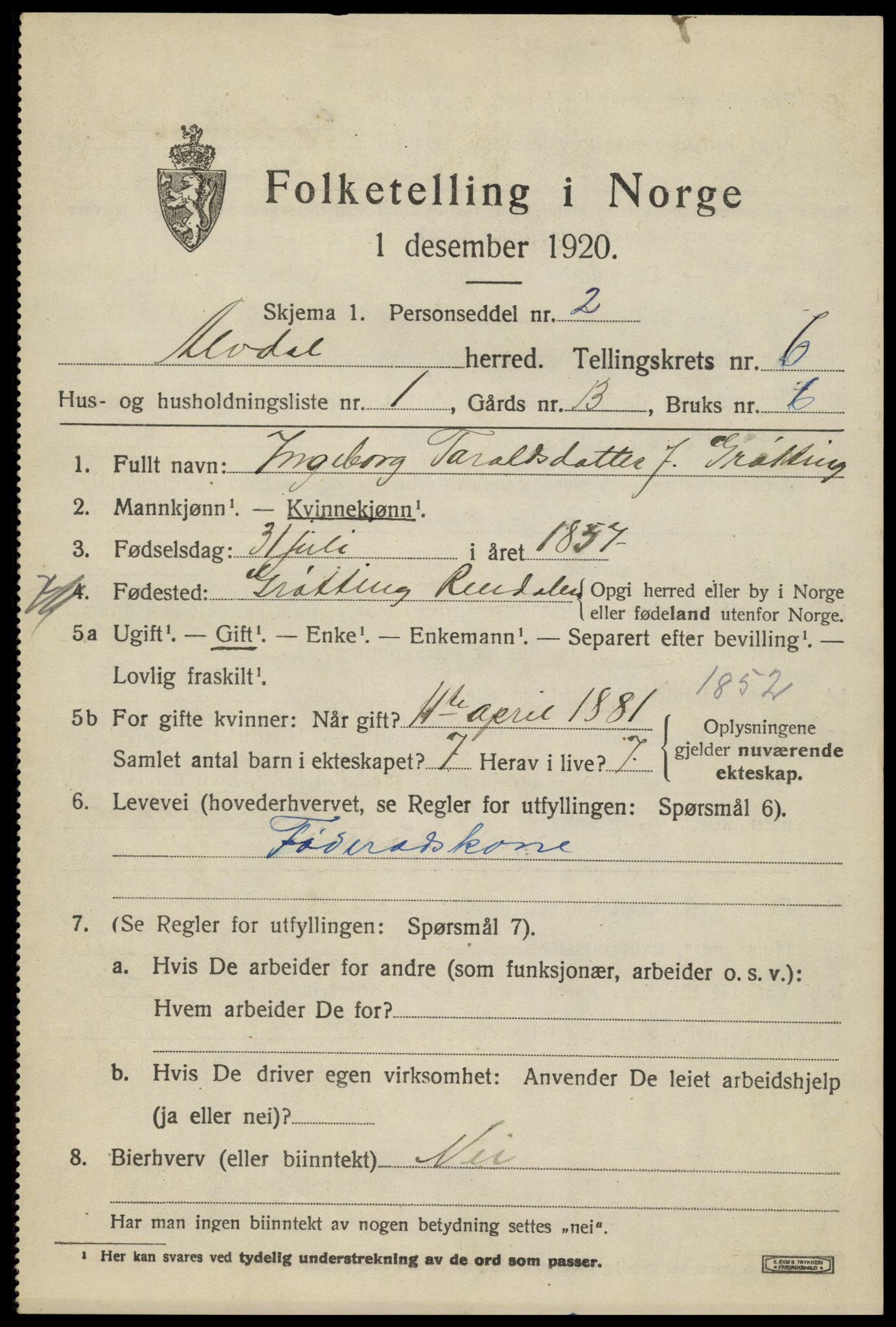 SAH, 1920 census for Alvdal, 1920, p. 3862