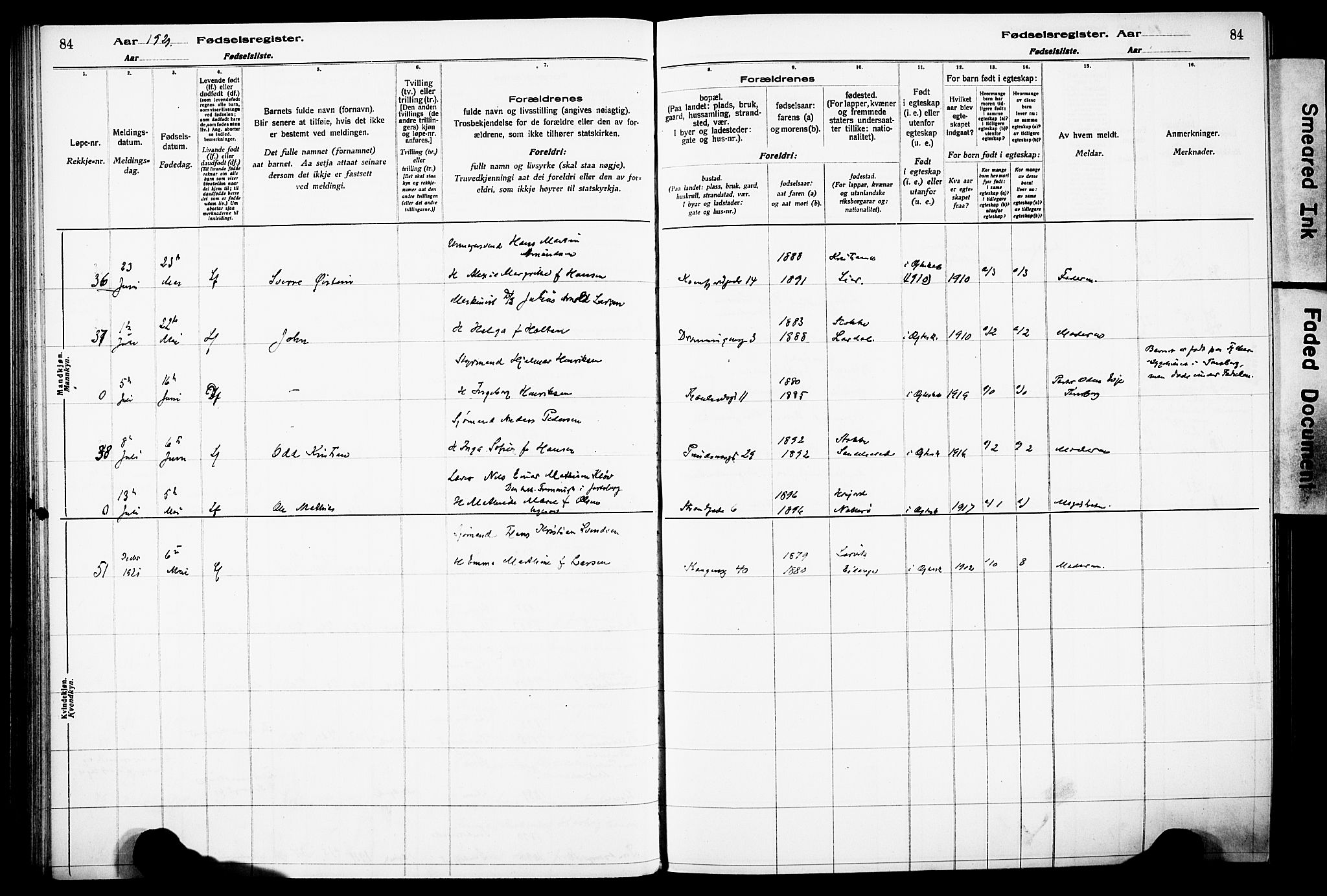 Sandefjord kirkebøker, AV/SAKO-A-315/J/Ja/L0001: Birth register no. 1, 1916-1932, p. 84