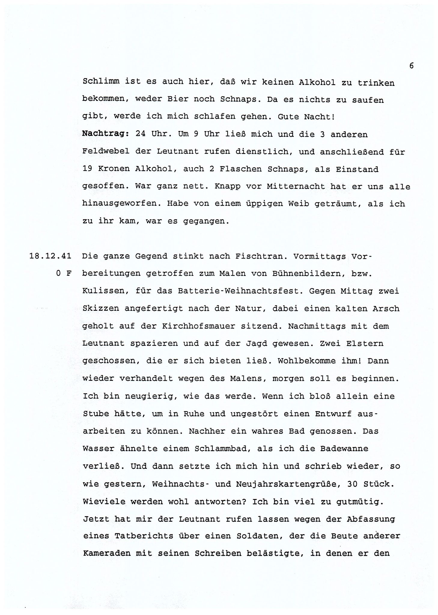 Dagbokopptegnelser av en tysk marineoffiser stasjonert i Norge , FMFB/A-1160/F/L0001: Dagbokopptegnelser av en tysk marineoffiser stasjonert i Norge, 1941-1944, p. 6