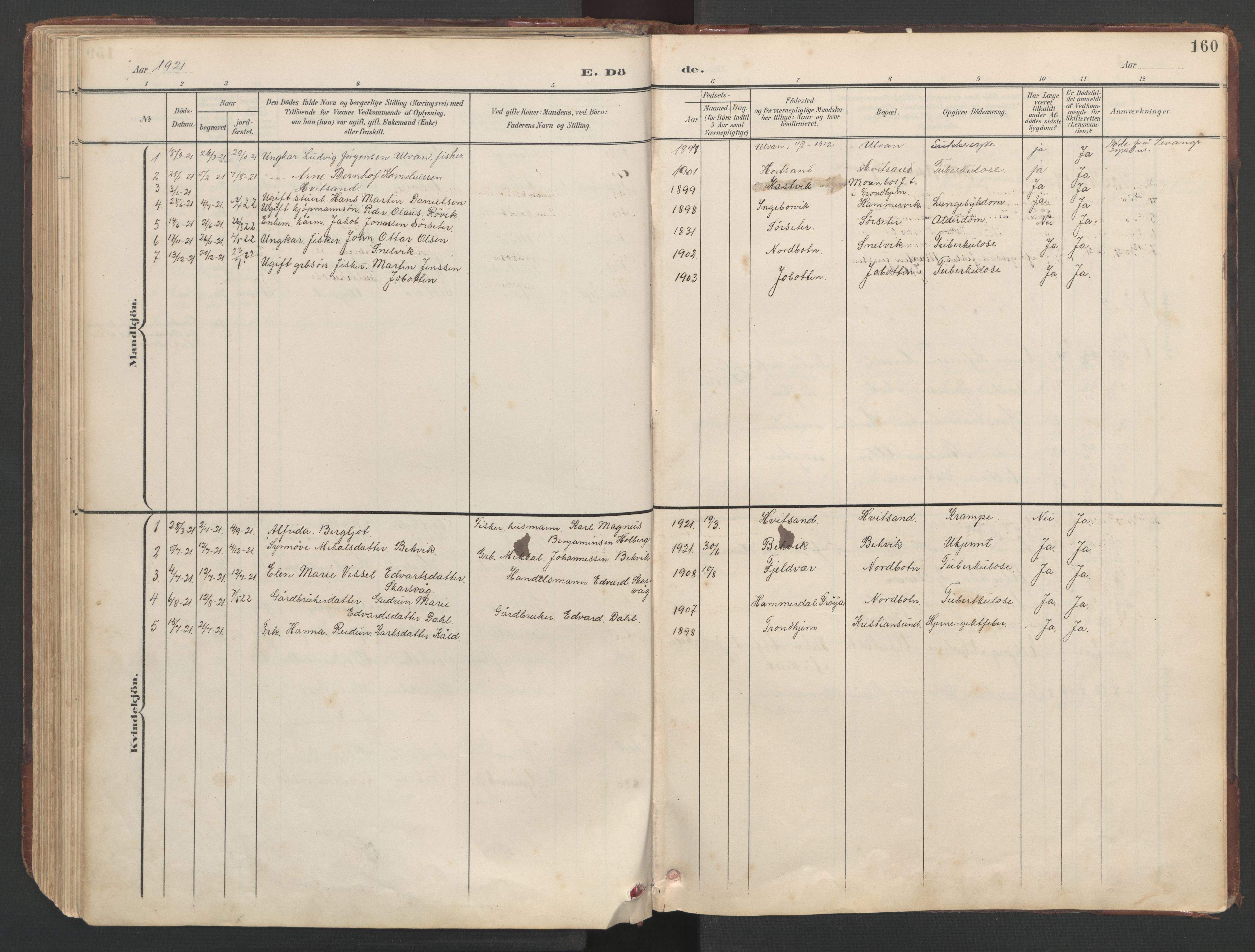 Ministerialprotokoller, klokkerbøker og fødselsregistre - Sør-Trøndelag, SAT/A-1456/638/L0571: Parish register (copy) no. 638C03, 1901-1930, p. 160