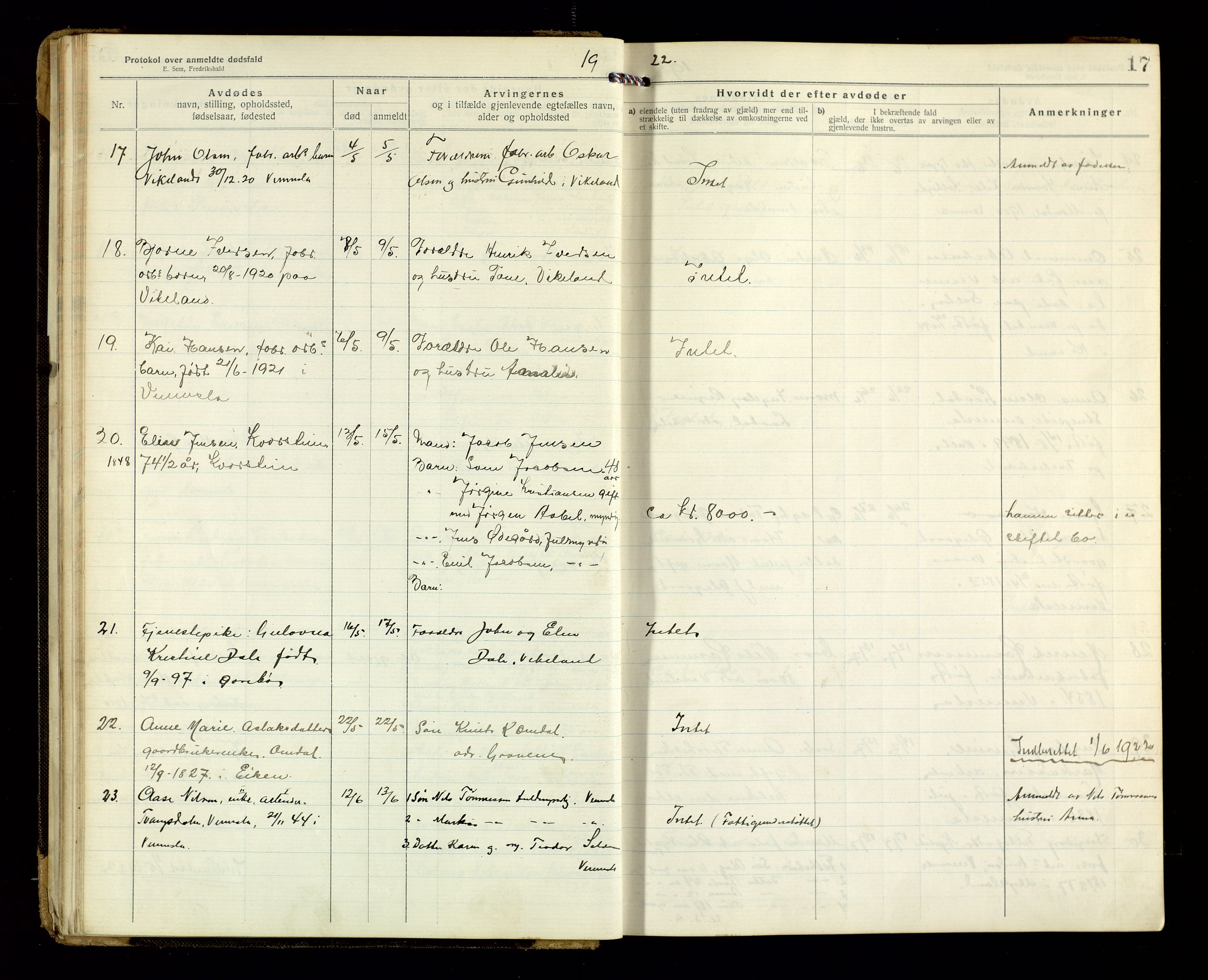 Vennesla og Iveland lensmannskontor, AV/SAK-1241-0050/F/Fe/L0001: Dødsfallsprotokoll nr 7, 1920-1940, p. 17