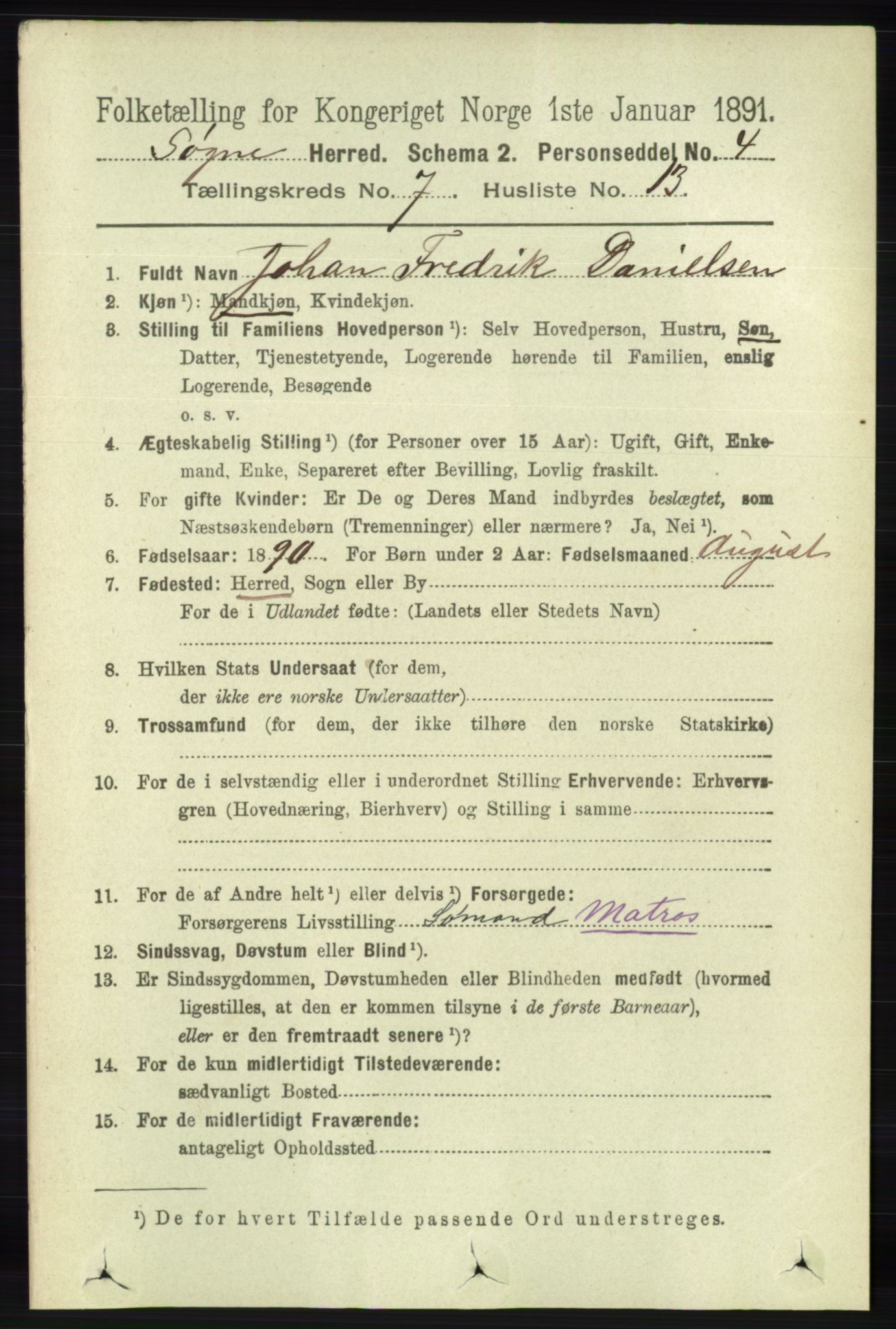 RA, 1891 census for 1018 Søgne, 1891, p. 1608