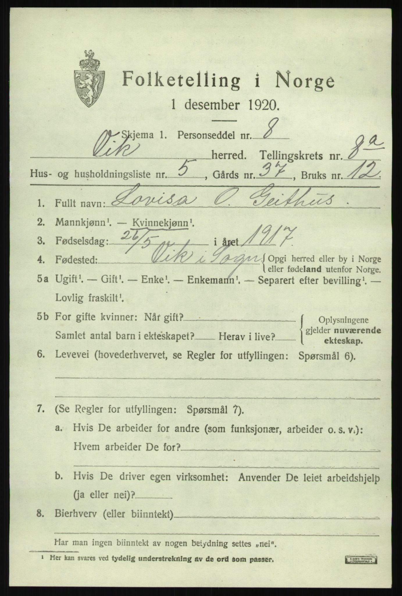 SAB, 1920 census for Vik, 1920, p. 5443