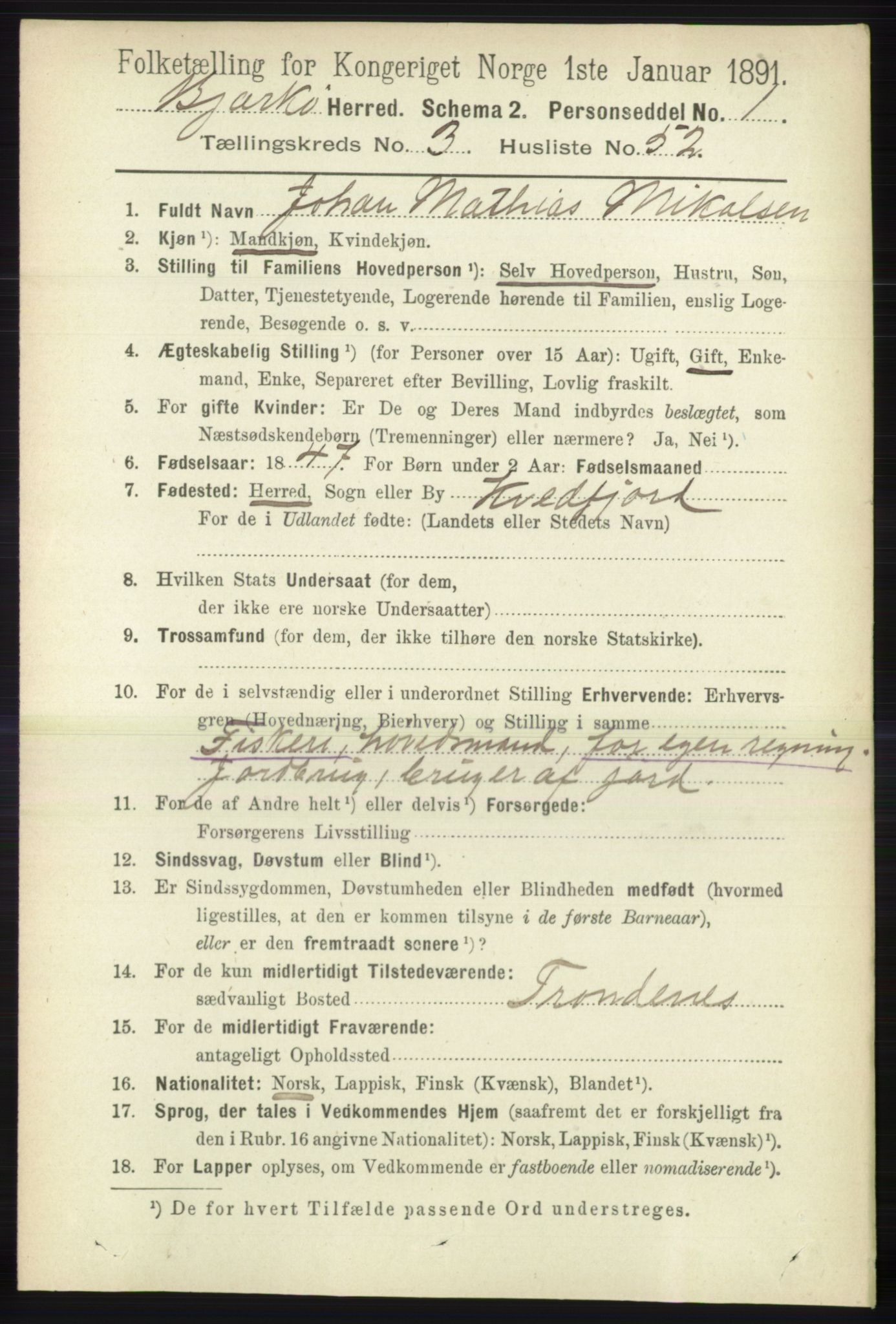 RA, 1891 census for 1915 Bjarkøy, 1891, p. 1864