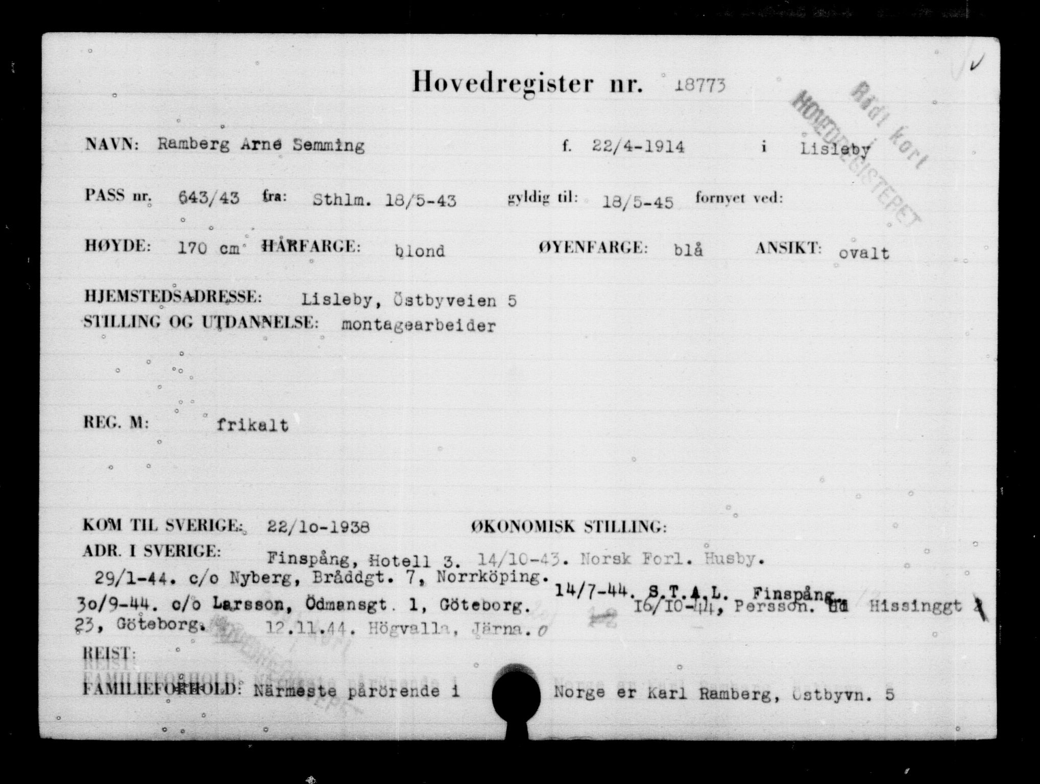 Utenriksstasjonene, Legasjonen i Stockholm, Flyktningkontoret, AV/RA-S-6753/V/Va/L0009: Kjesäterkartoteket, flyktninger med registreringsnr. 18502-22048, 1940-1945, p. 315