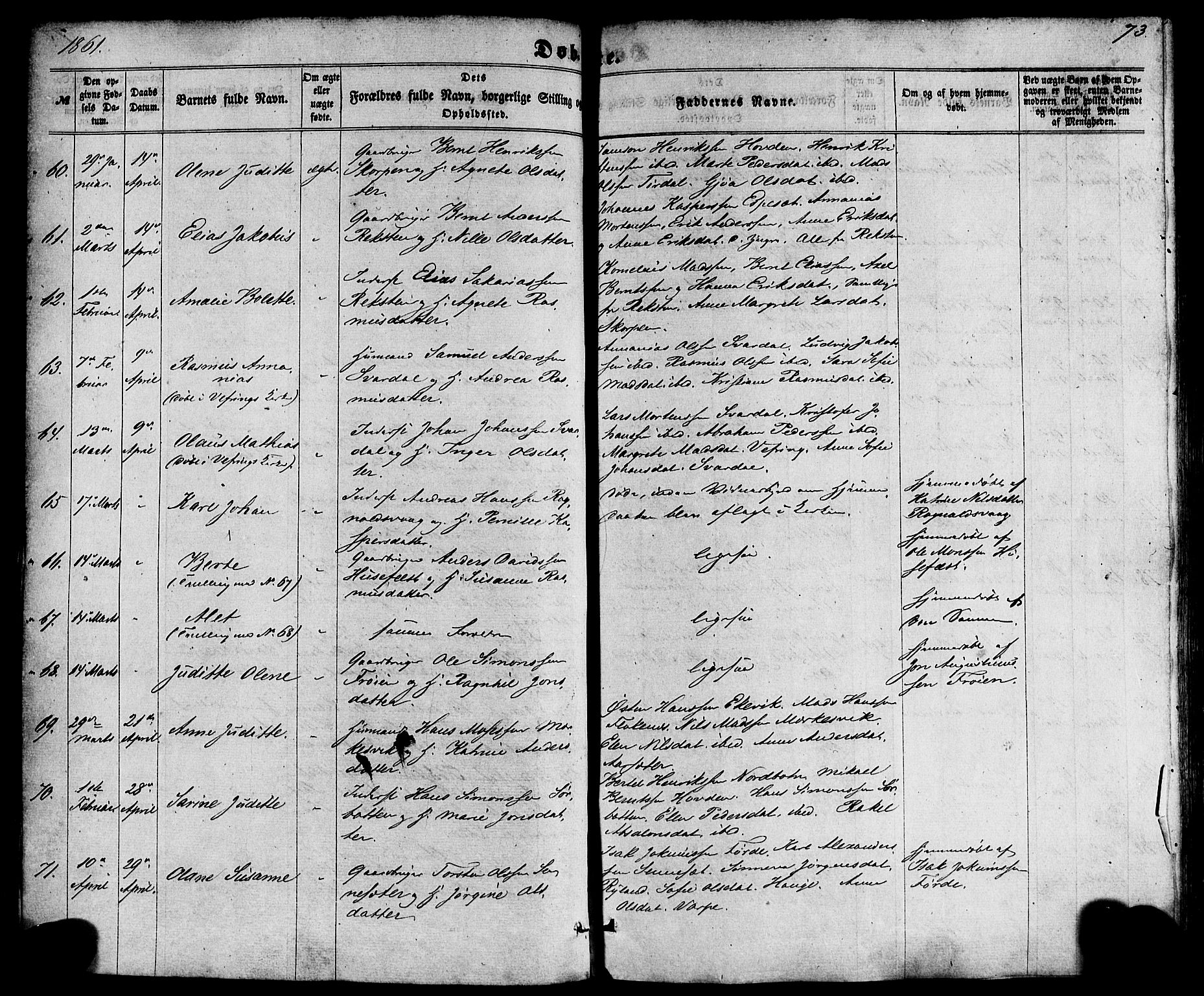 Kinn sokneprestembete, AV/SAB-A-80801/H/Haa/Haaa/L0006: Parish register (official) no. A 6, 1857-1885, p. 73