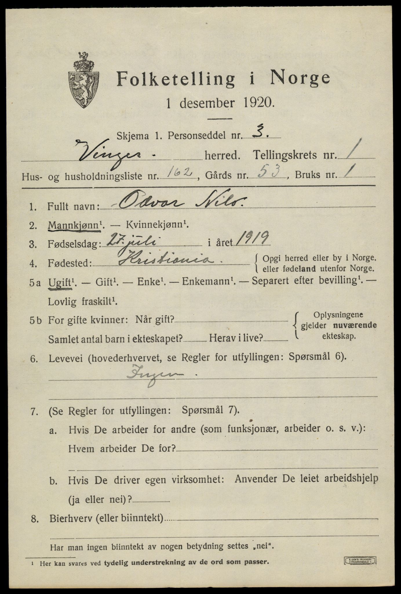 SAH, 1920 census for Vinger, 1920, p. 3954