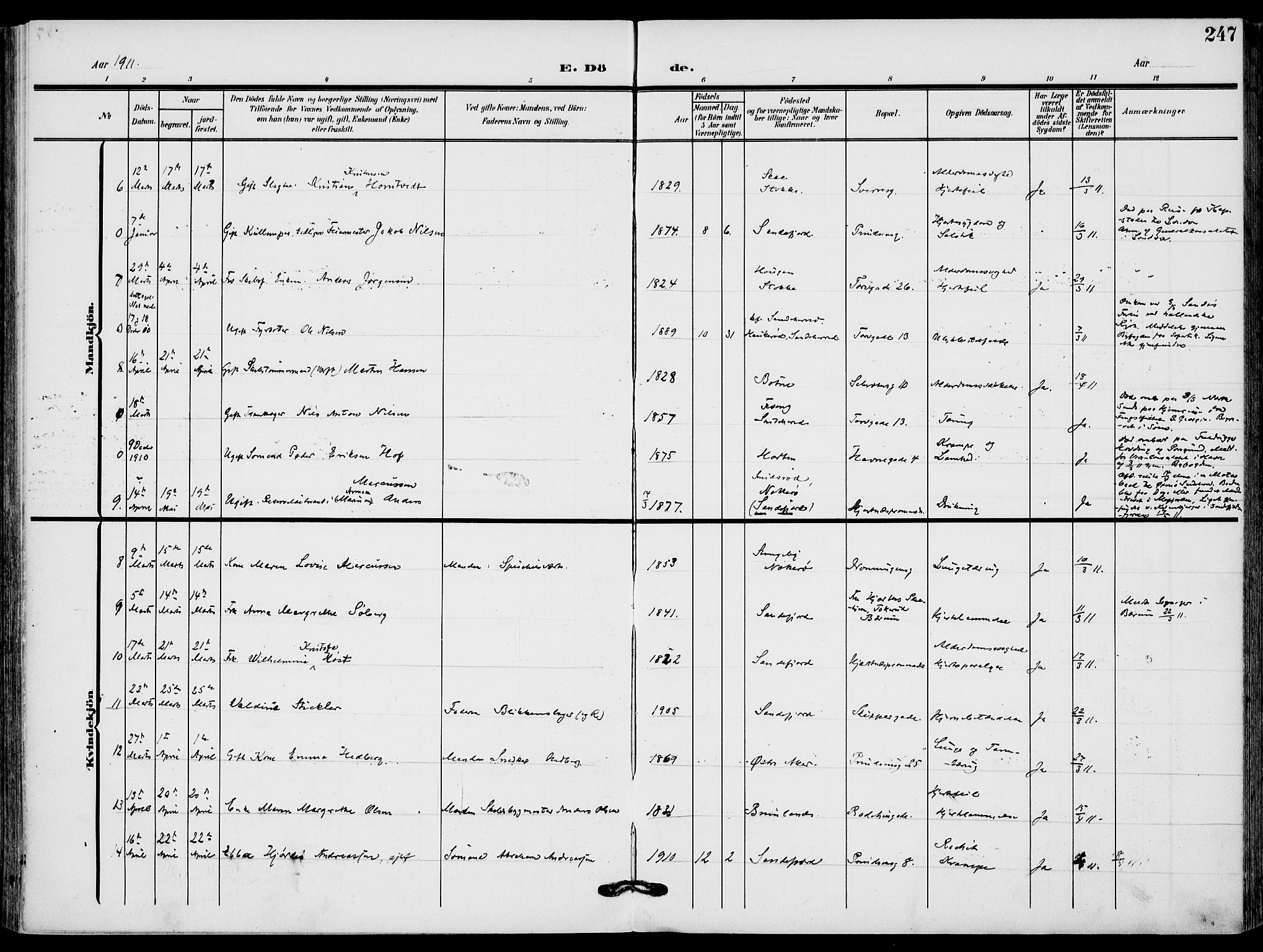 Sandefjord kirkebøker, AV/SAKO-A-315/F/Fa/L0005: Parish register (official) no. 5, 1906-1915, p. 247