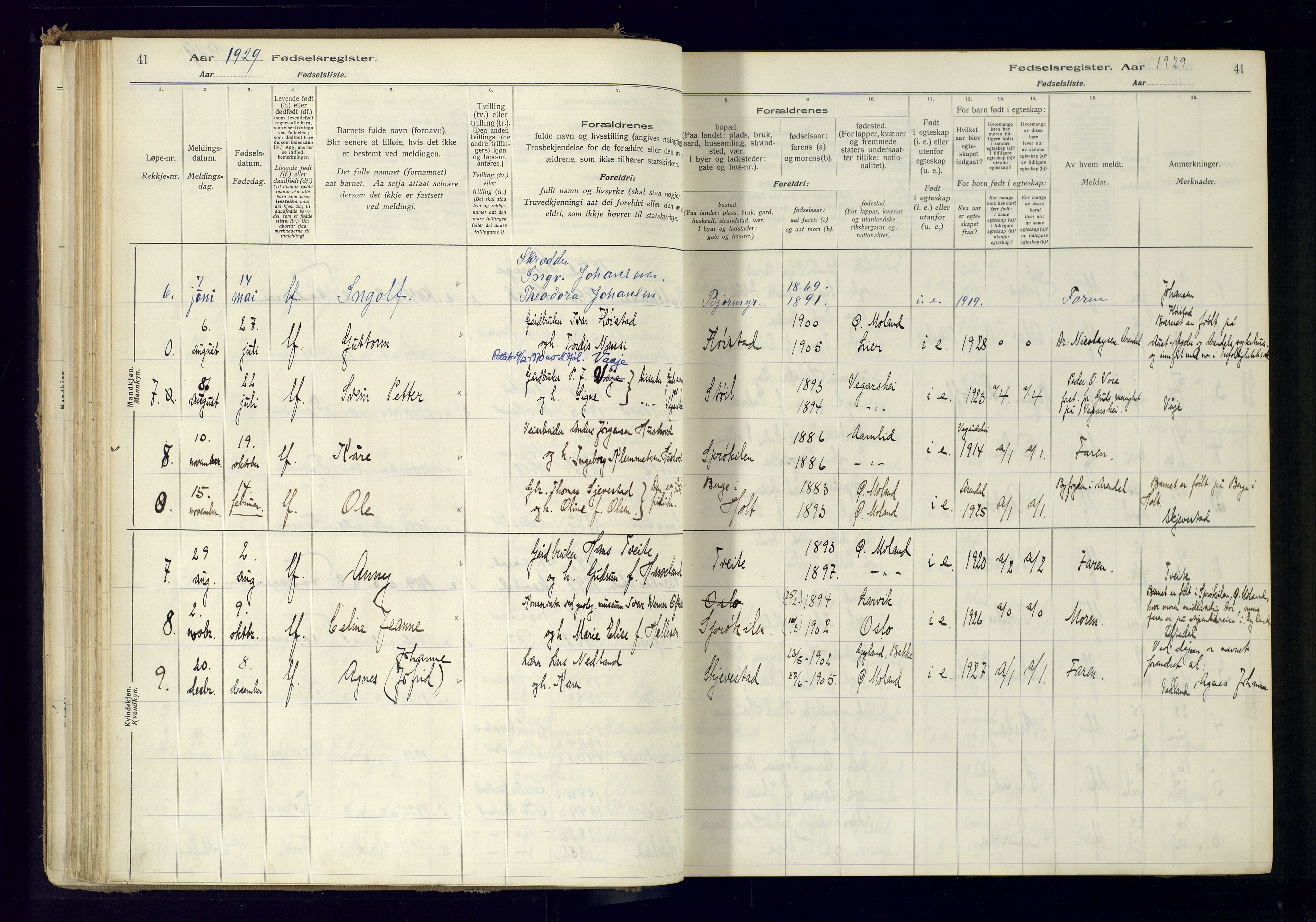 Austre Moland sokneprestkontor, AV/SAK-1111-0001/J/Ja/L0001: Birth register no. A-VI-25, 1916-1975, p. 41