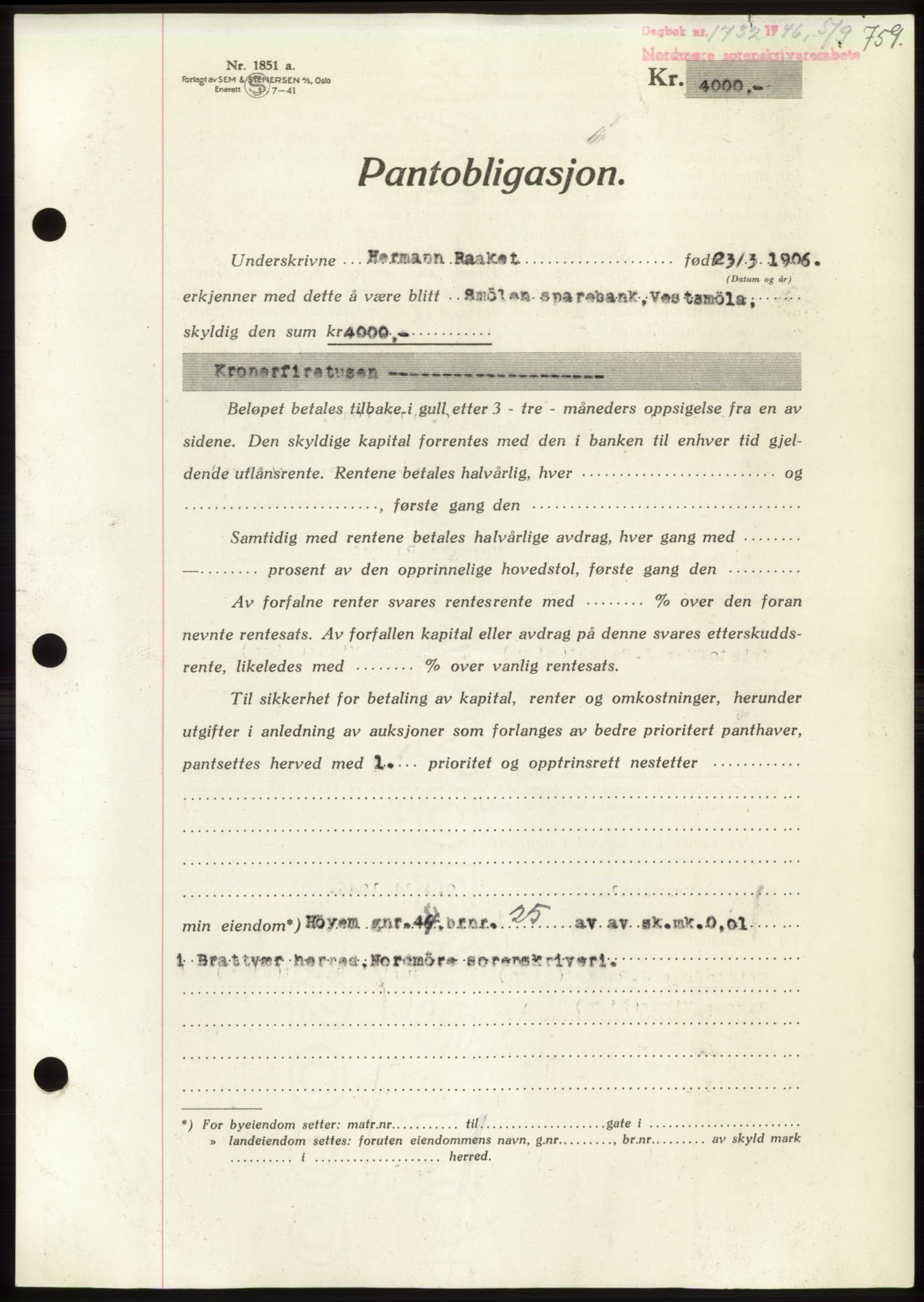 Nordmøre sorenskriveri, AV/SAT-A-4132/1/2/2Ca: Mortgage book no. B94, 1946-1946, Diary no: : 1732/1946