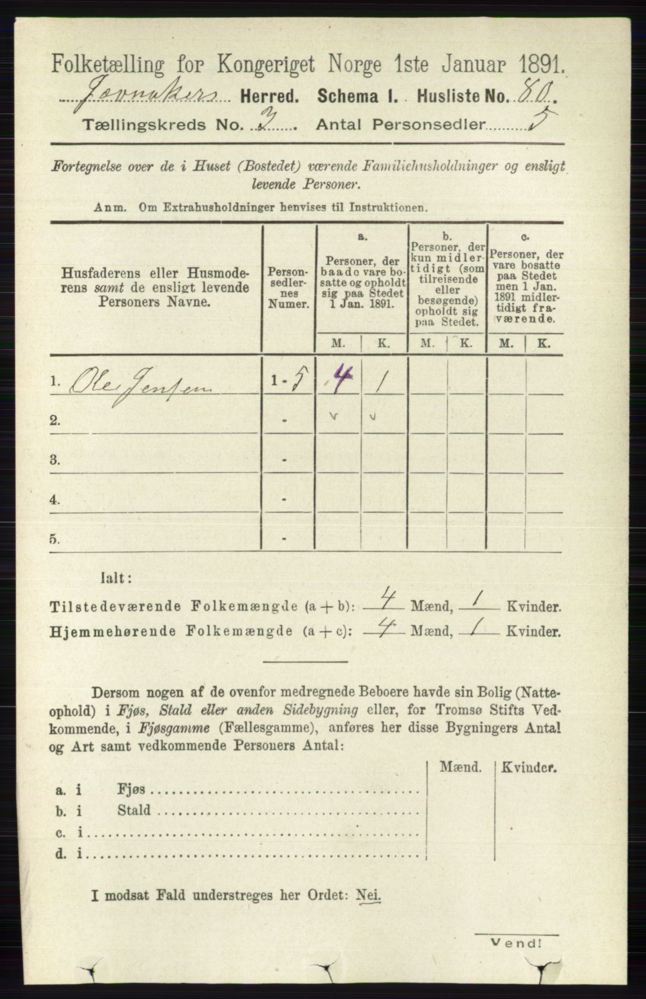 RA, 1891 census for 0532 Jevnaker, 1891, p. 1155