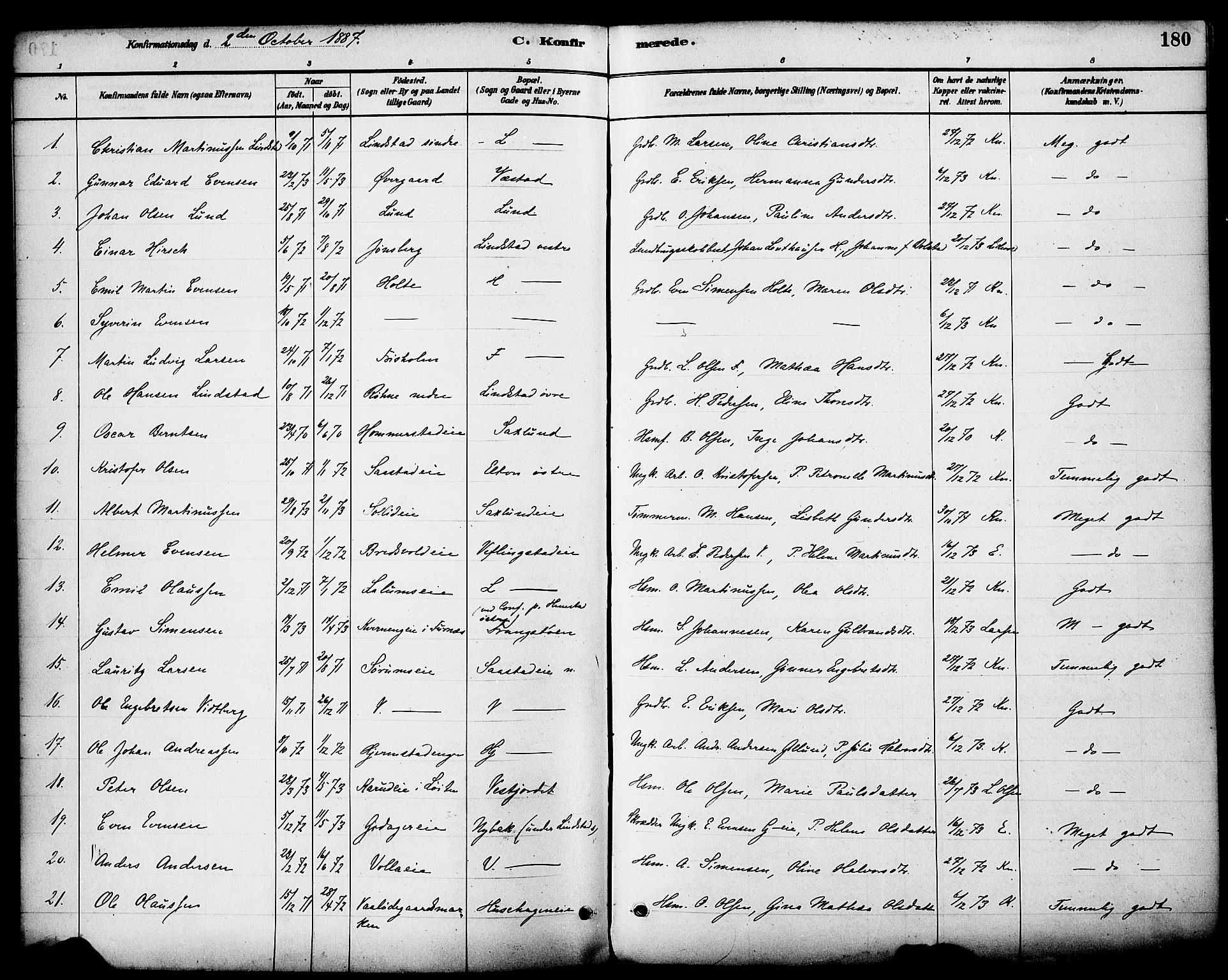 Stange prestekontor, SAH/PREST-002/K/L0017: Parish register (official) no. 17, 1880-1893, p. 180