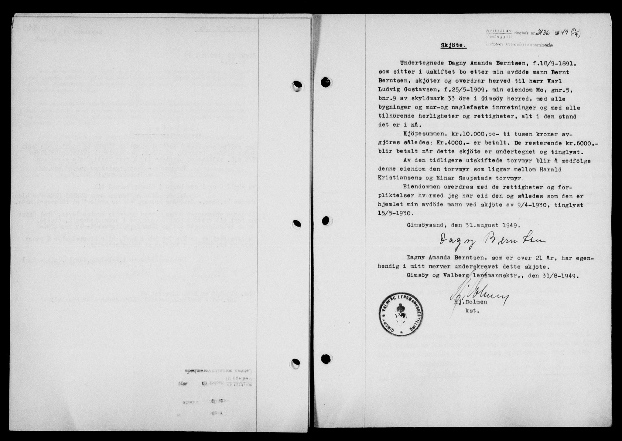 Lofoten sorenskriveri, SAT/A-0017/1/2/2C/L0021a: Mortgage book no. 21a, 1949-1949, Diary no: : 2136/1949