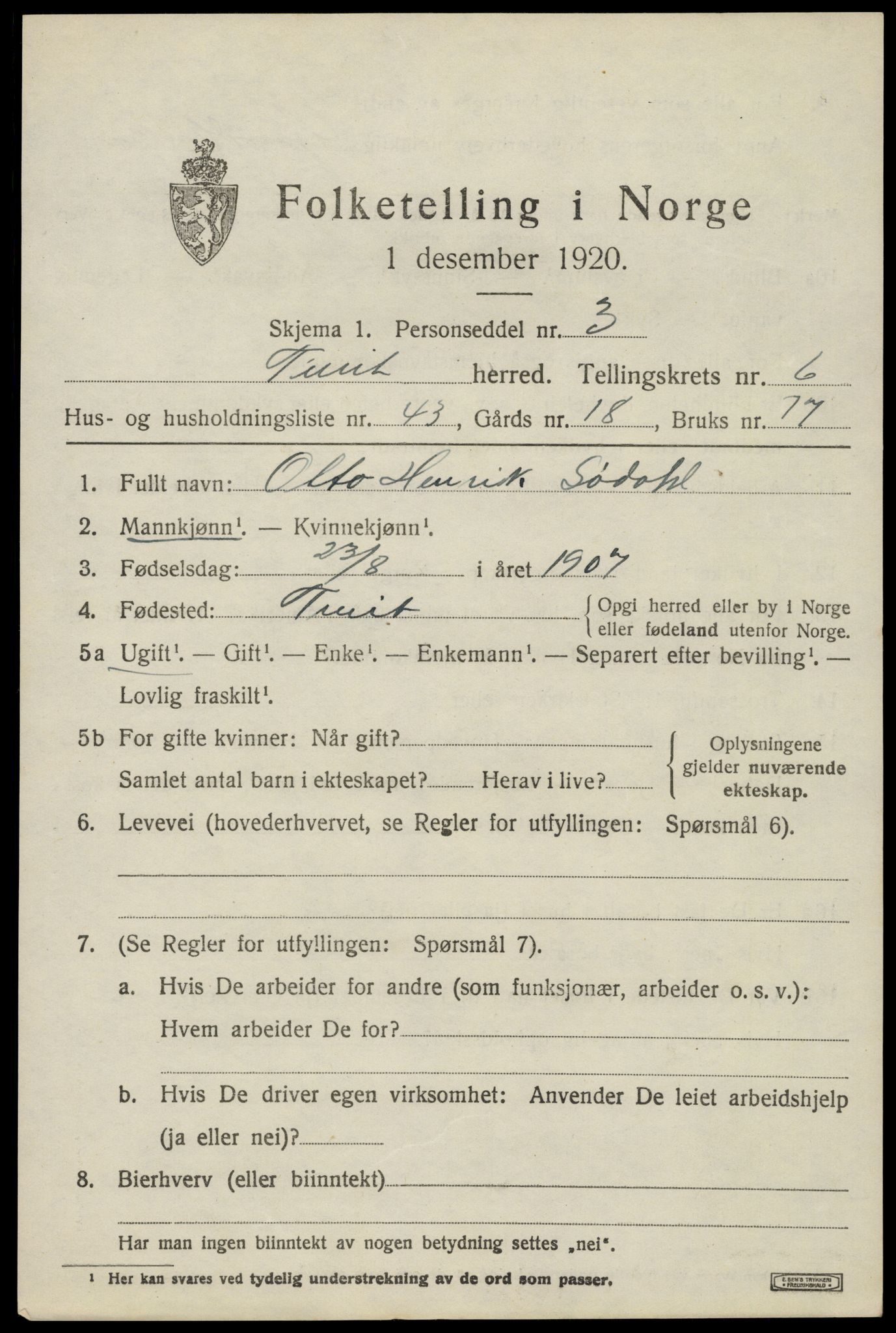 SAK, 1920 census for Tveit, 1920, p. 3170