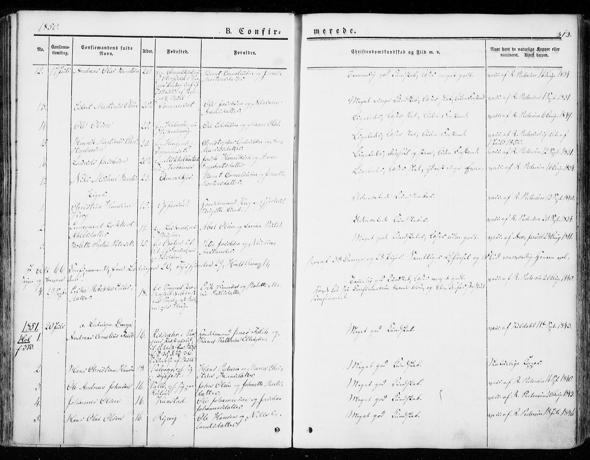 Ministerialprotokoller, klokkerbøker og fødselsregistre - Nordland, AV/SAT-A-1459/872/L1033: Parish register (official) no. 872A08, 1840-1863, p. 313