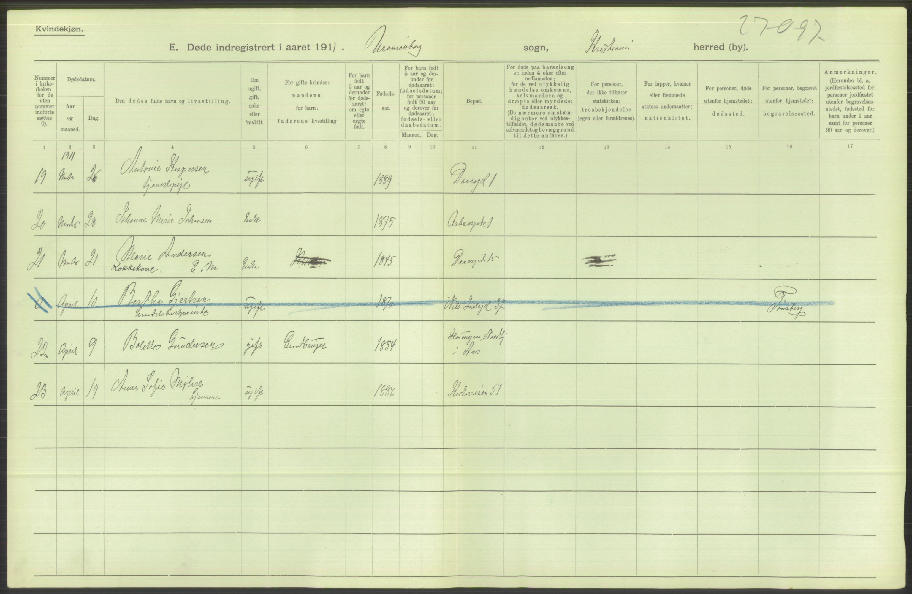 Statistisk sentralbyrå, Sosiodemografiske emner, Befolkning, RA/S-2228/D/Df/Dfb/Dfba/L0010: Kristiania: Døde kvinner samt dødfødte., 1911, p. 600