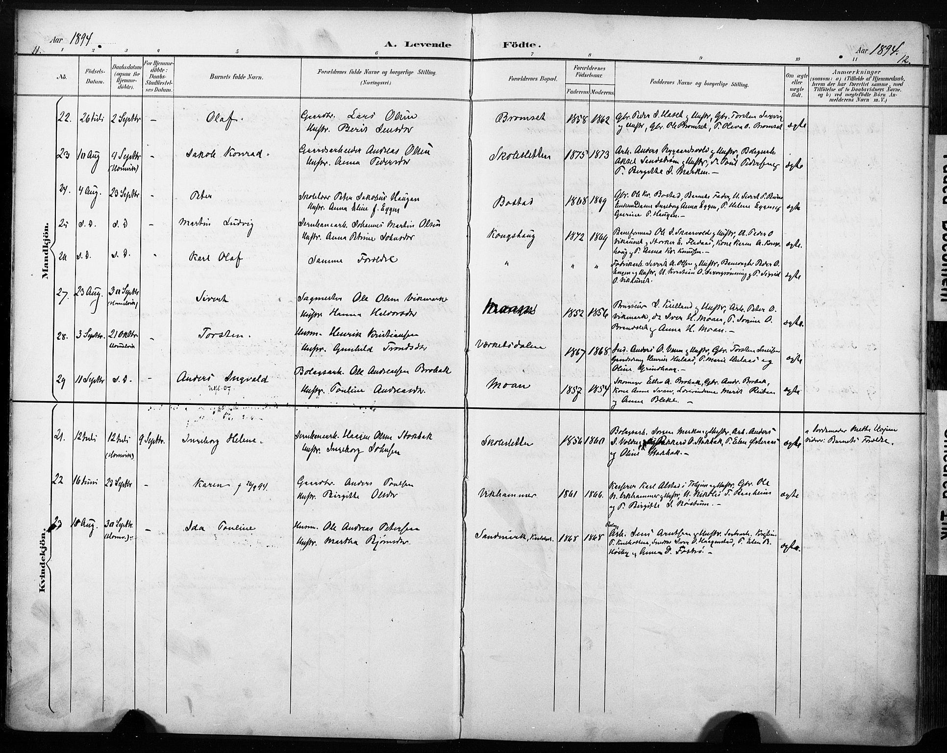 Ministerialprotokoller, klokkerbøker og fødselsregistre - Sør-Trøndelag, AV/SAT-A-1456/616/L0411: Parish register (official) no. 616A08, 1894-1906, p. 11-12