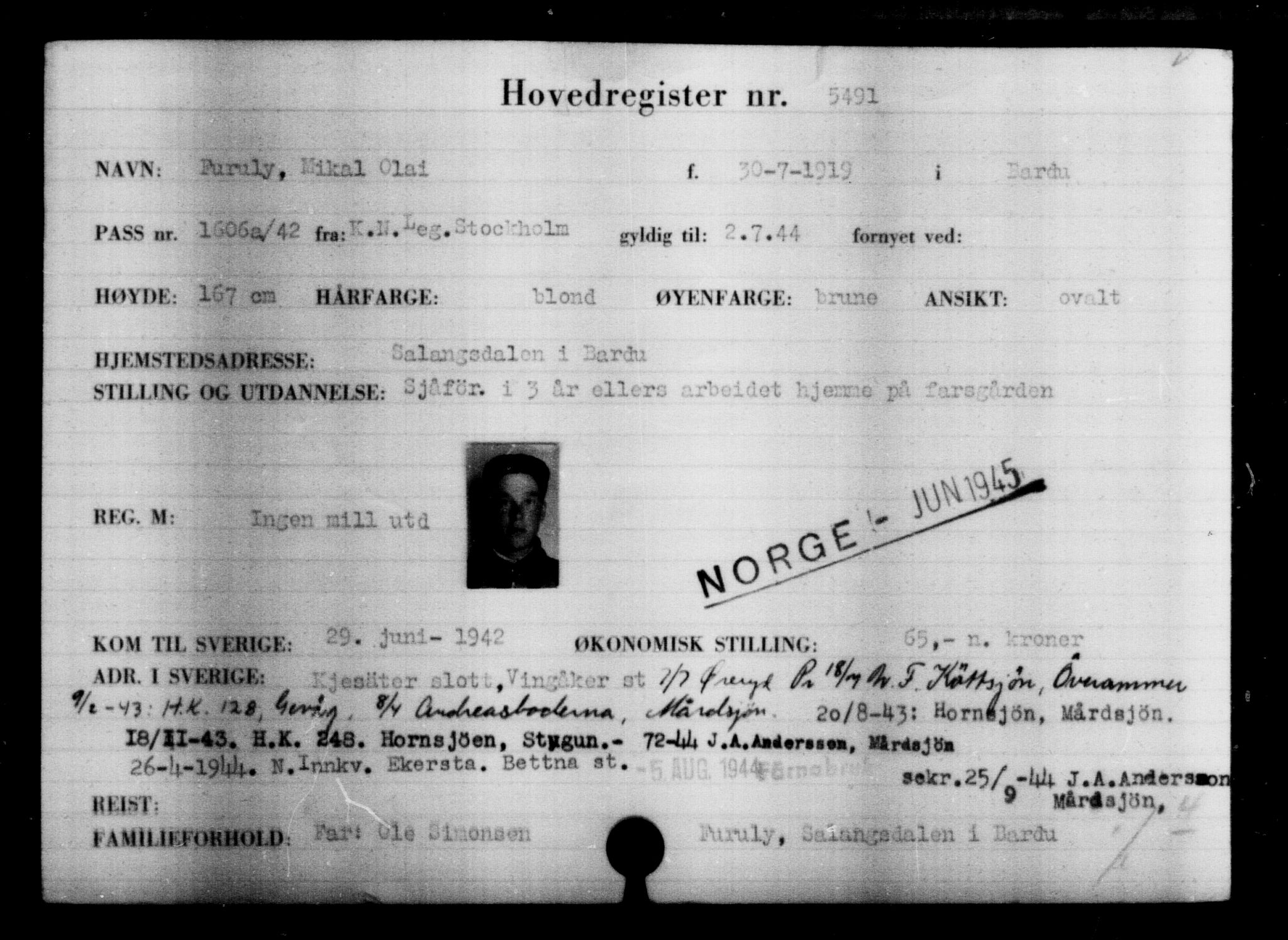 Den Kgl. Norske Legasjons Flyktningskontor, AV/RA-S-6753/V/Va/L0004: Kjesäterkartoteket.  Flyktningenr. 3496-6610, 1940-1945, p. 2309