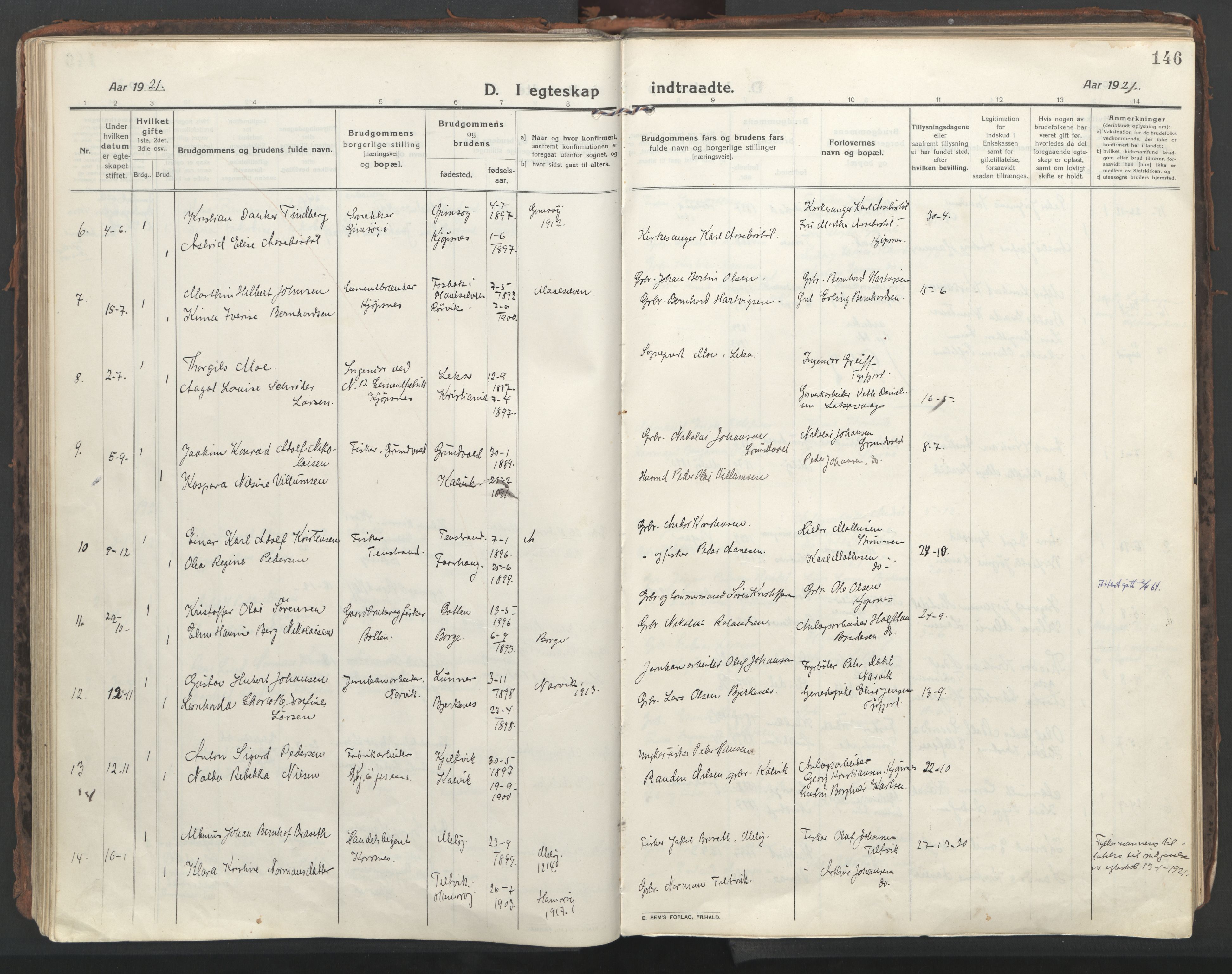 Ministerialprotokoller, klokkerbøker og fødselsregistre - Nordland, AV/SAT-A-1459/861/L0872: Parish register (official) no. 861A07, 1915-1924, p. 146