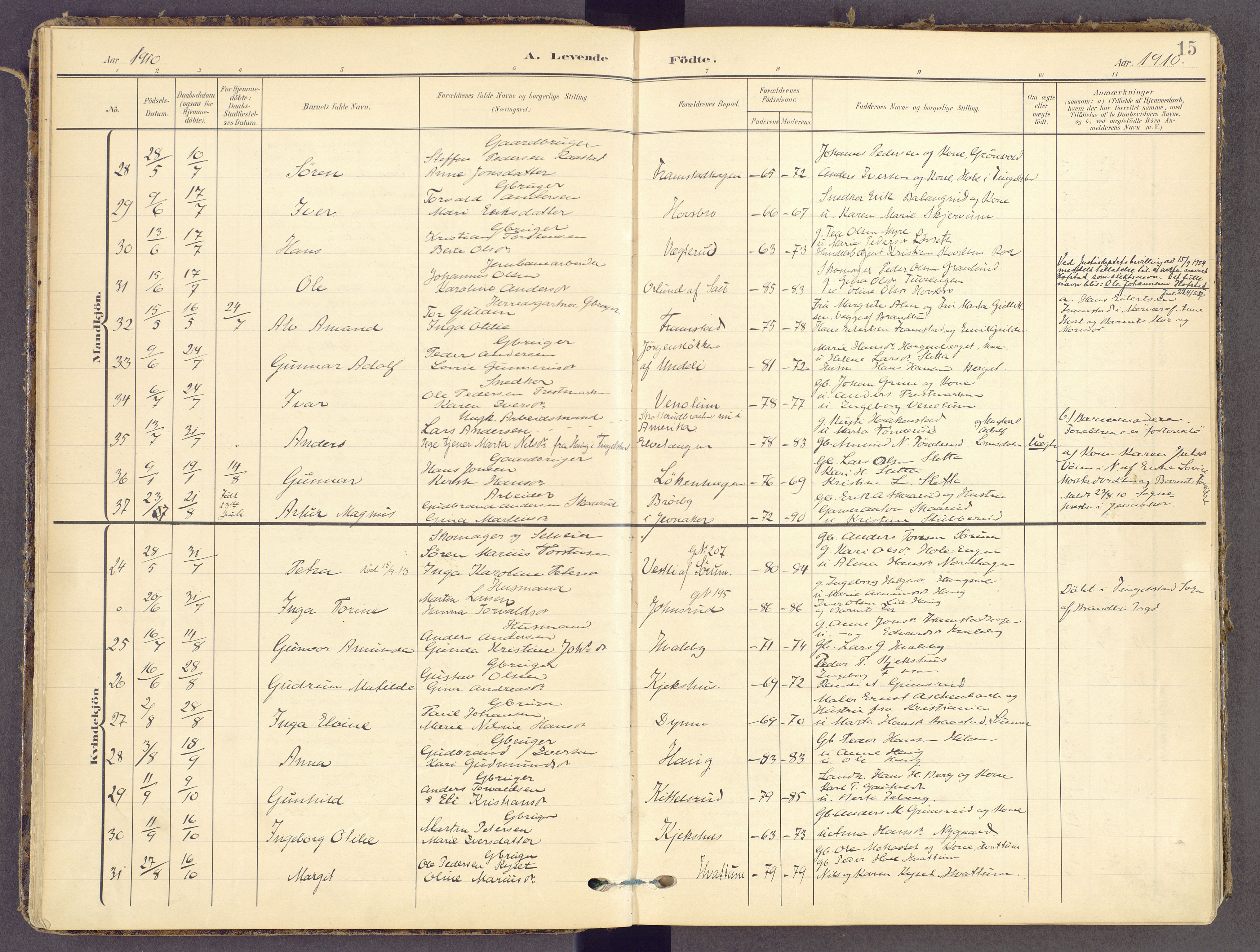 Gran prestekontor, AV/SAH-PREST-112/H/Ha/Haa/L0021: Parish register (official) no. 21, 1908-1932, p. 15