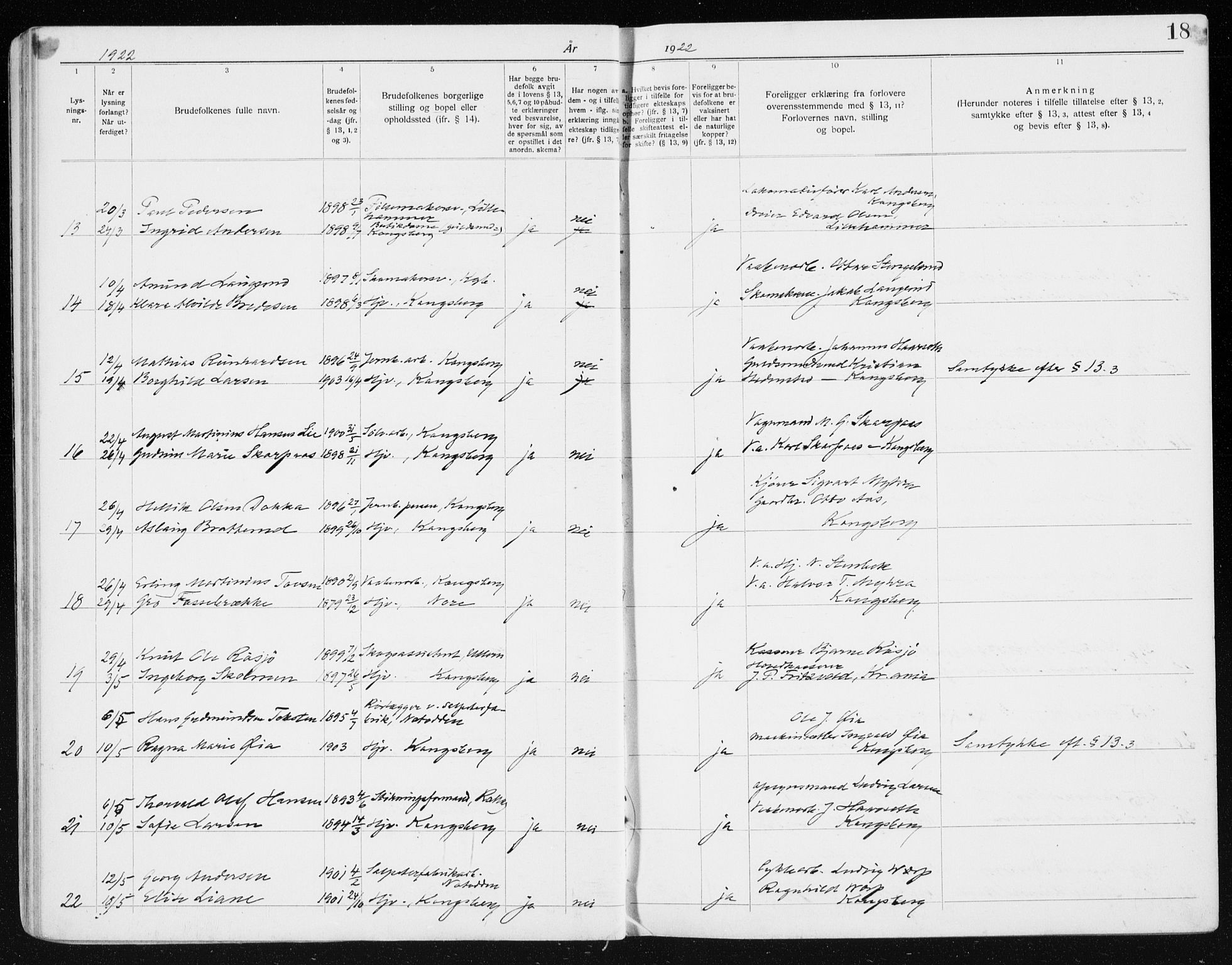 Kongsberg kirkebøker, AV/SAKO-A-22/H/Ha/L0001: Banns register no. 1, 1919-1939, p. 18