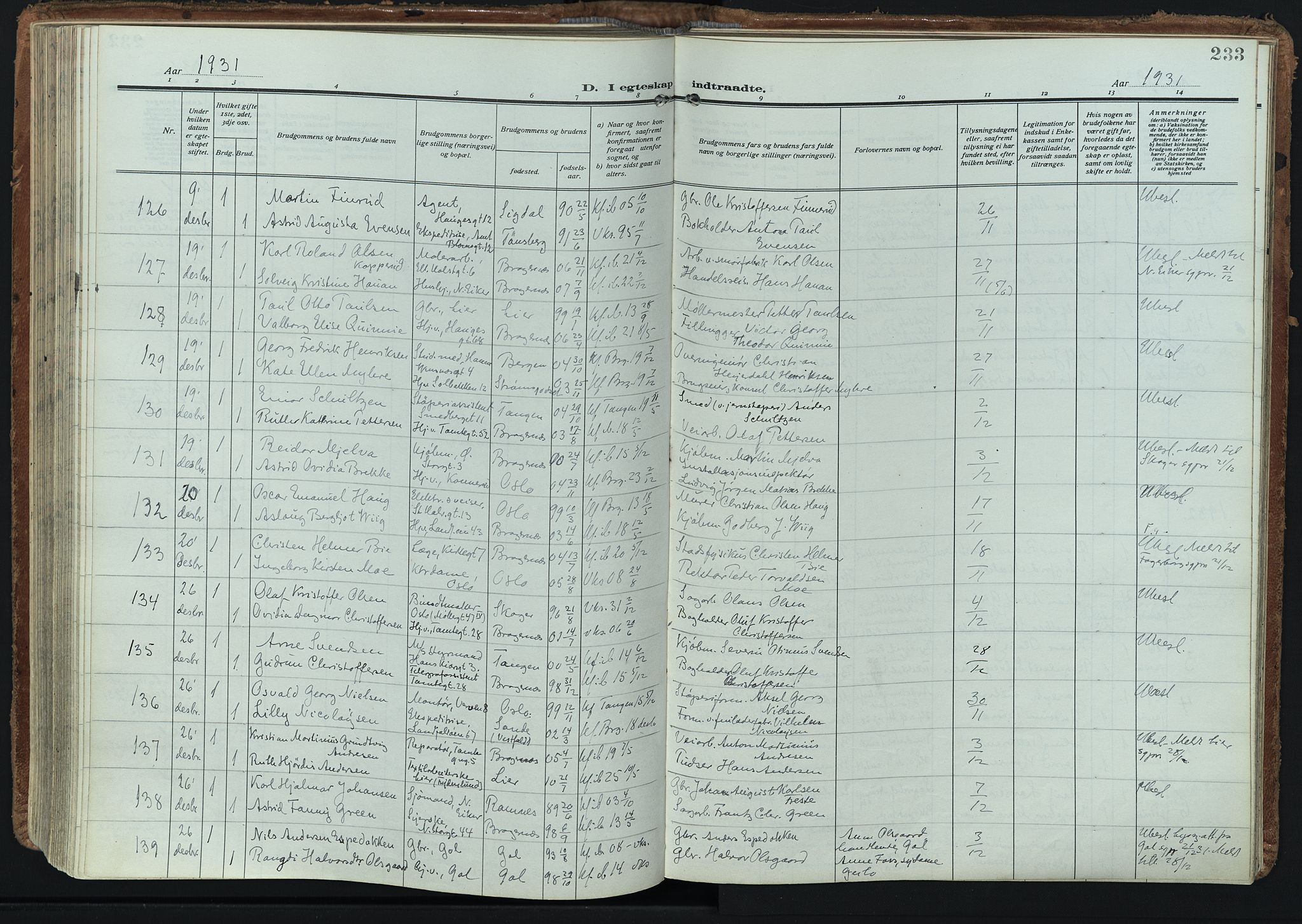 Bragernes kirkebøker, SAKO/A-6/F/Fc/L0009: Parish register (official) no. III 9, 1921-1939, p. 233
