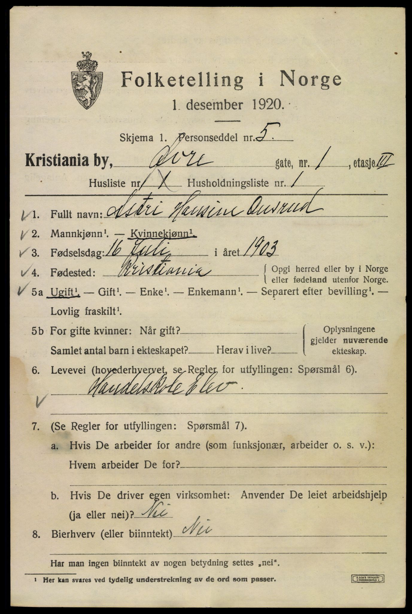 SAO, 1920 census for Kristiania, 1920, p. 658869