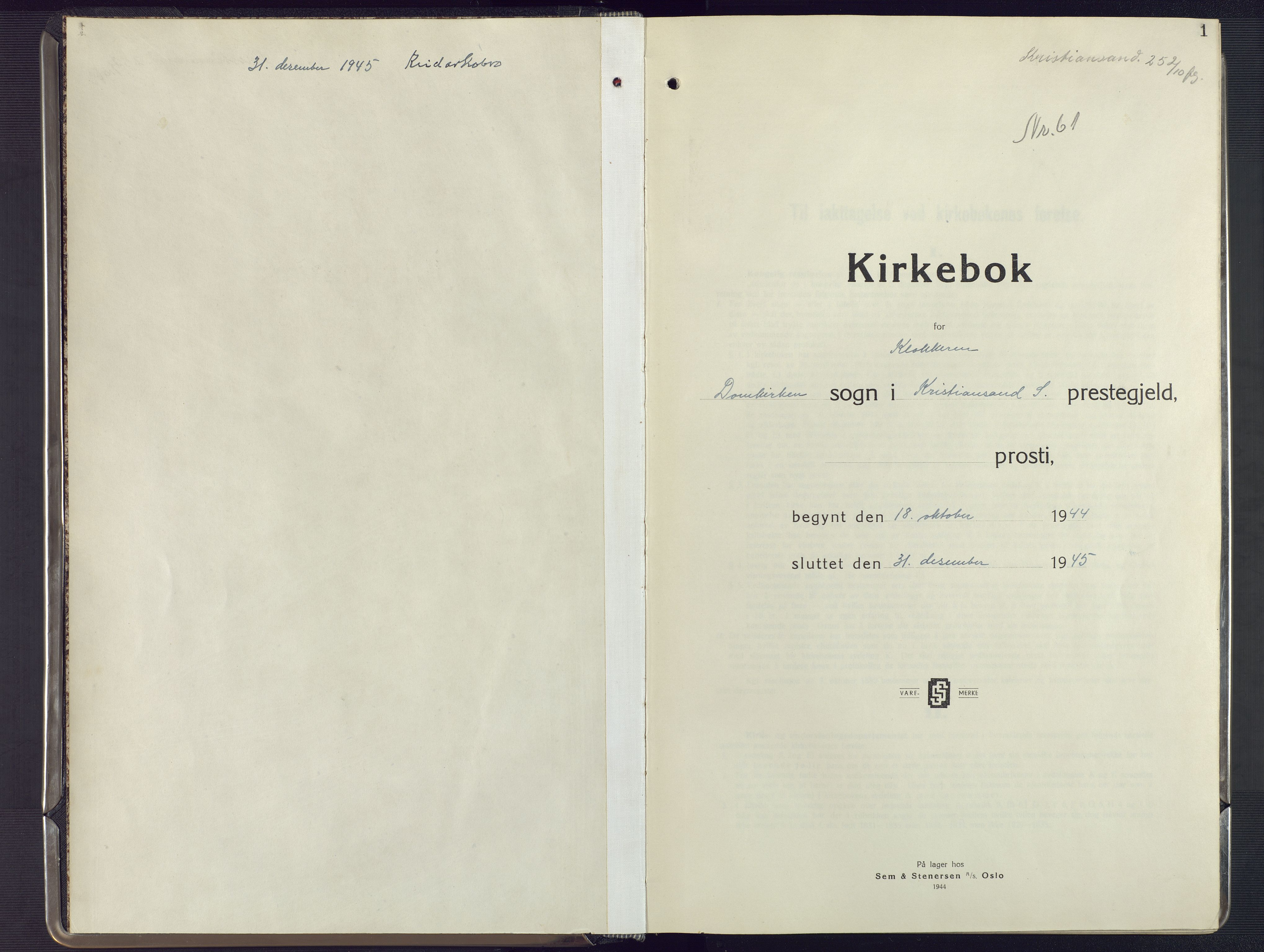 Kristiansand domprosti, SAK/1112-0006/F/Fb/L0030: Parish register (copy) no. B 30, 1937-1945, p. 1