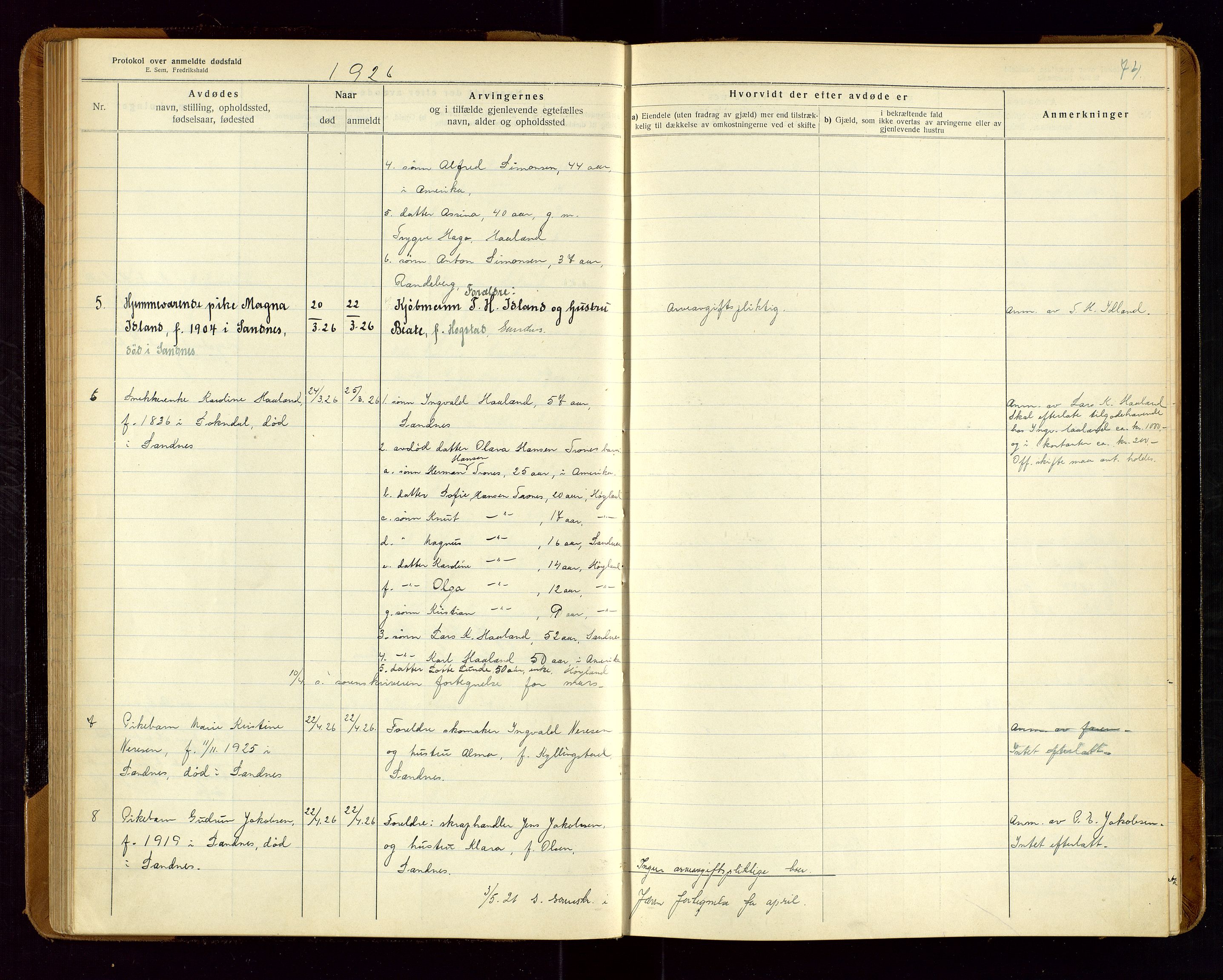 Sandnes lensmannskontor, AV/SAST-A-100167/Gga/L0001: "Protokol over anmeldte dødsfald" m/register, 1918-1940, p. 74