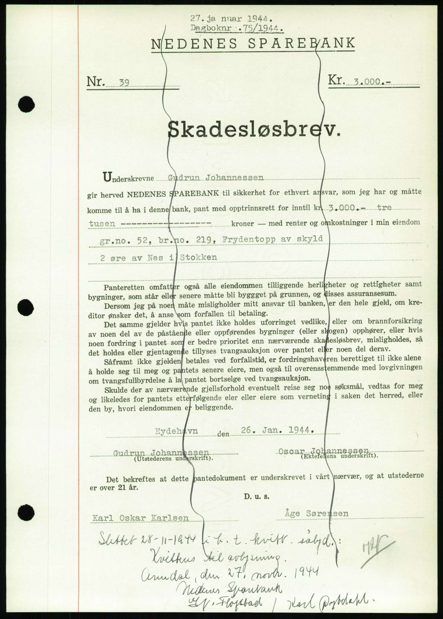 Nedenes sorenskriveri, AV/SAK-1221-0006/G/Gb/Gbb/L0002: Mortgage book no. II, 1942-1945, Diary no: : 75/1944