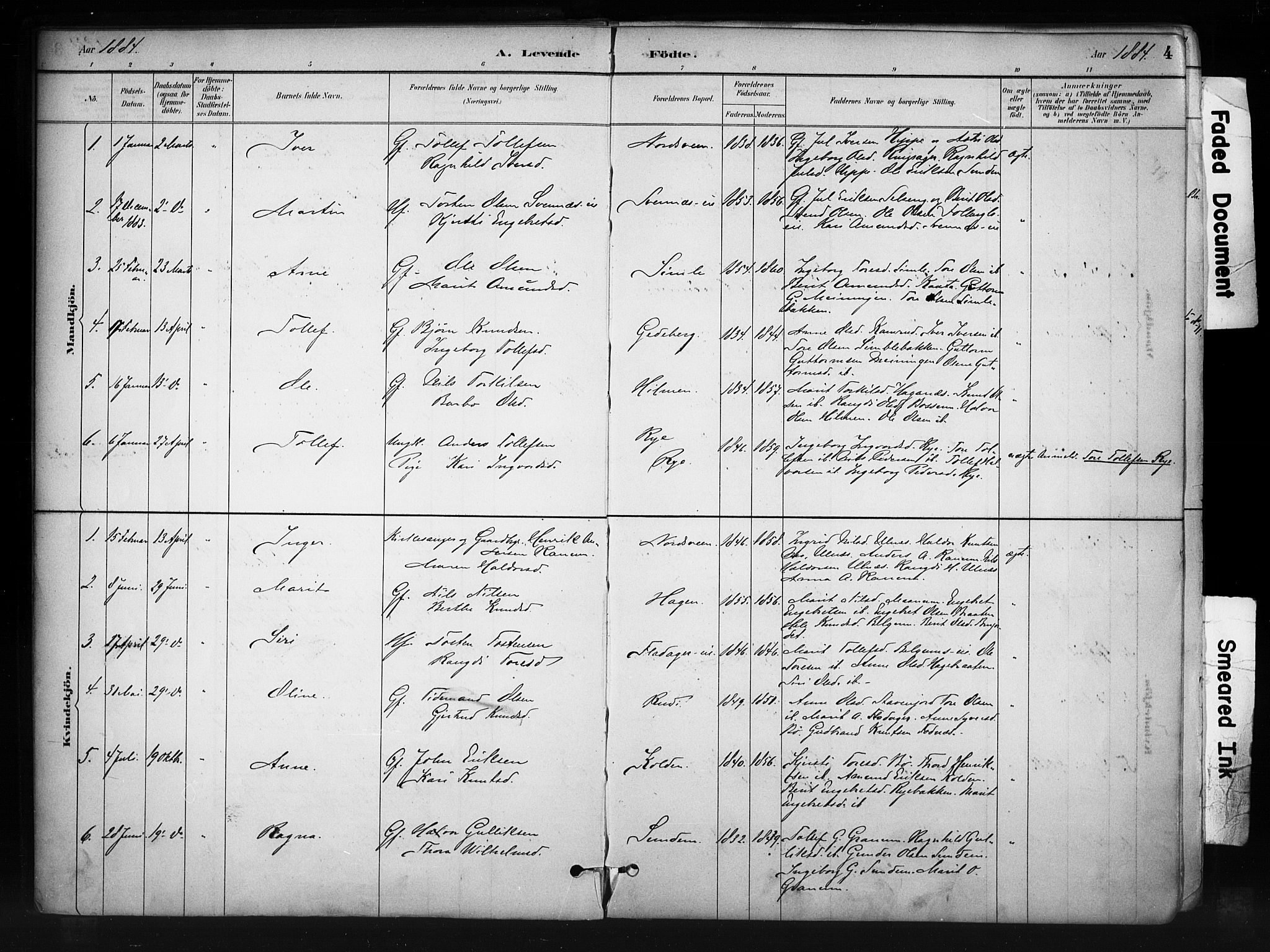 Nord-Aurdal prestekontor, SAH/PREST-132/H/Ha/Haa/L0011: Parish register (official) no. 11, 1883-1896, p. 4