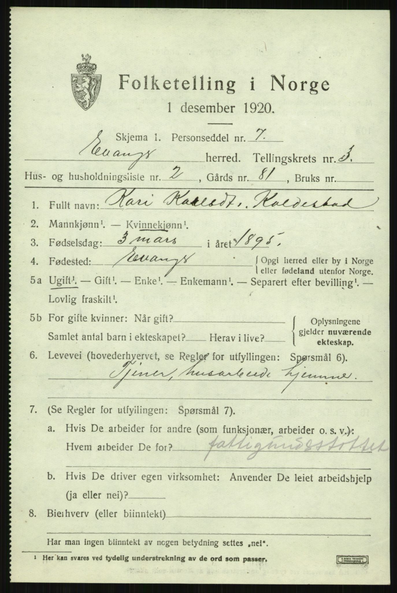 SAB, 1920 census for Evanger, 1920, p. 1047