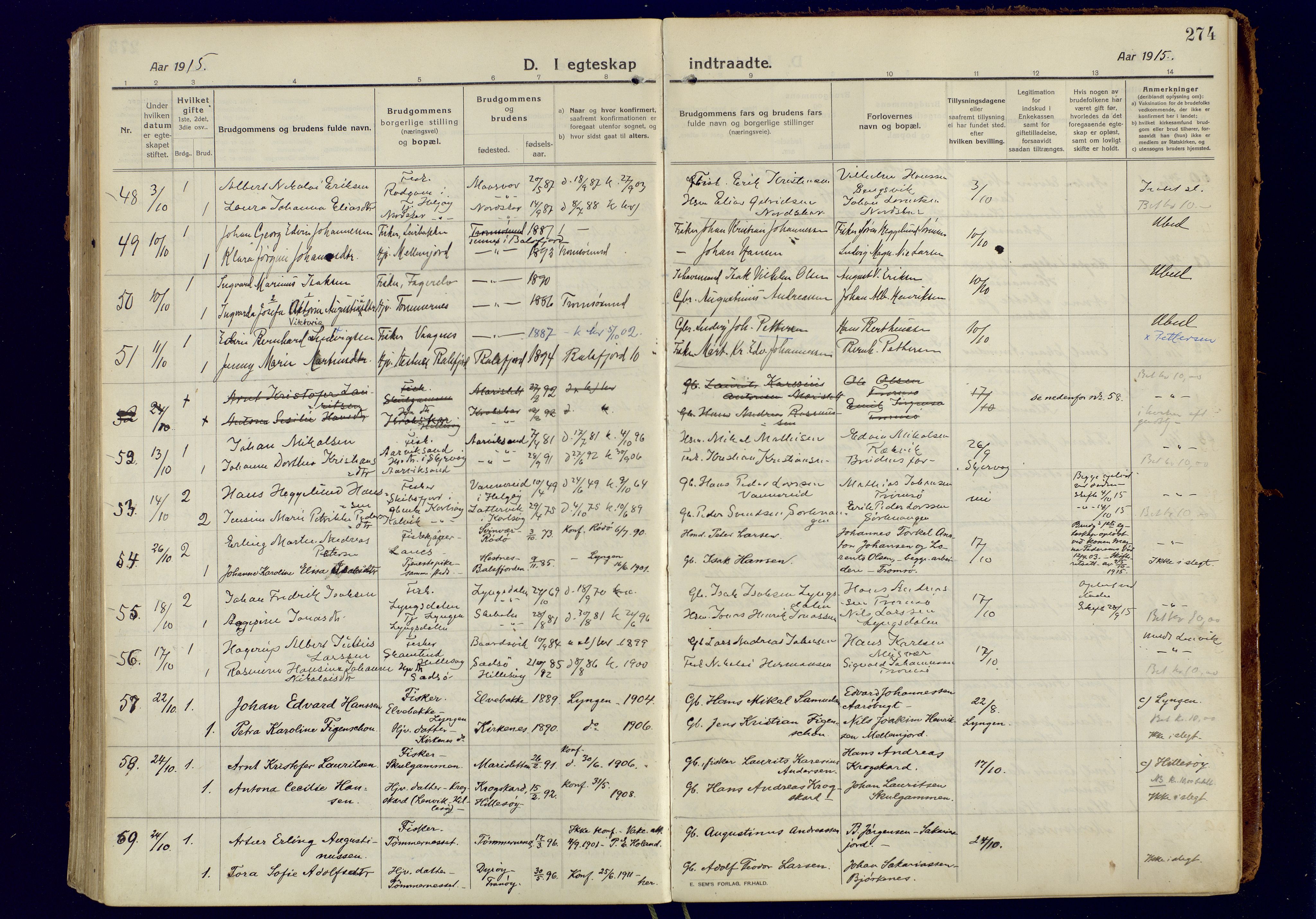 Tromsøysund sokneprestkontor, AV/SATØ-S-1304/G/Ga/L0008kirke: Parish register (official) no. 8, 1914-1922, p. 274