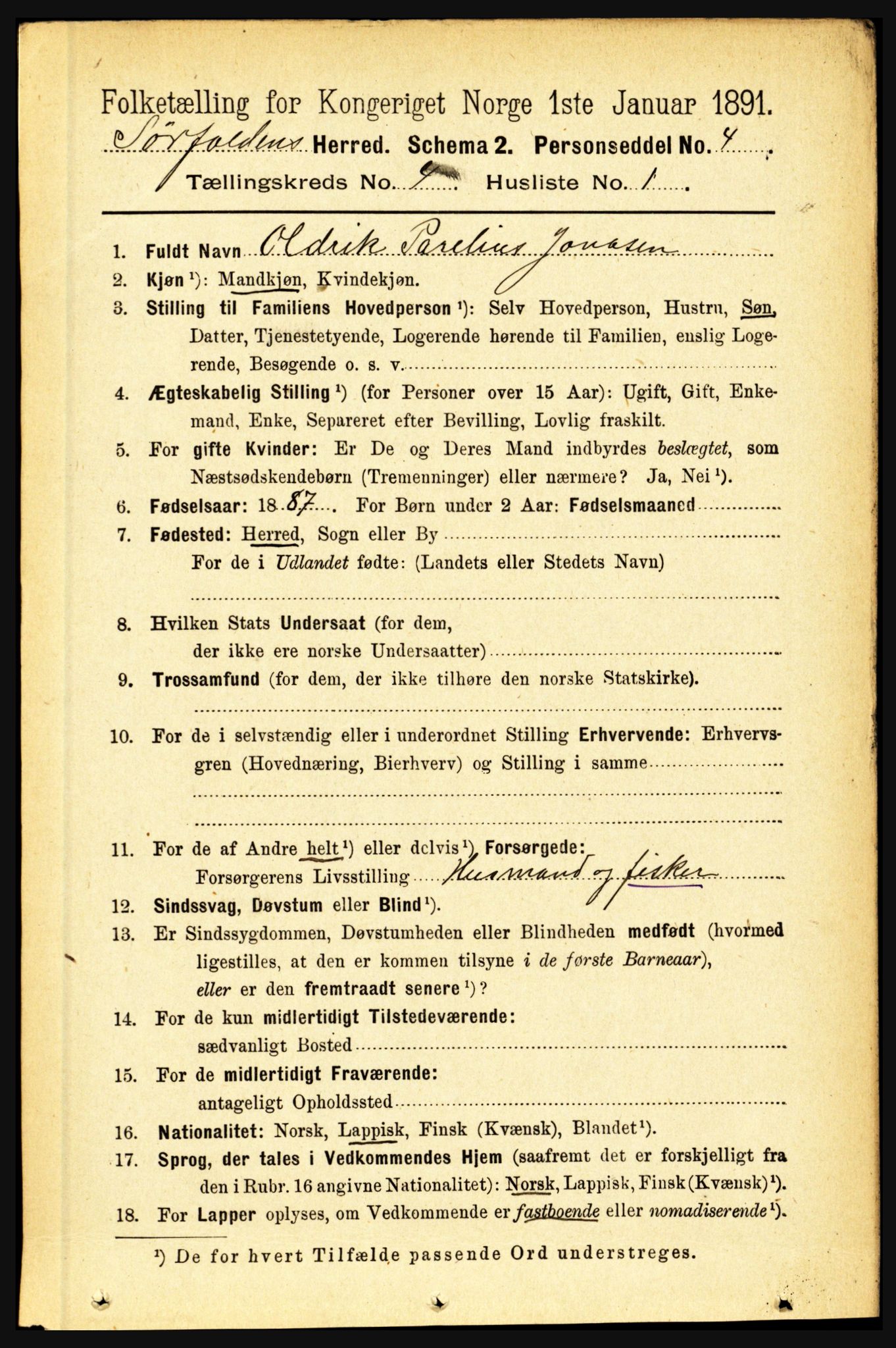 RA, 1891 census for 1845 Sørfold, 1891, p. 958