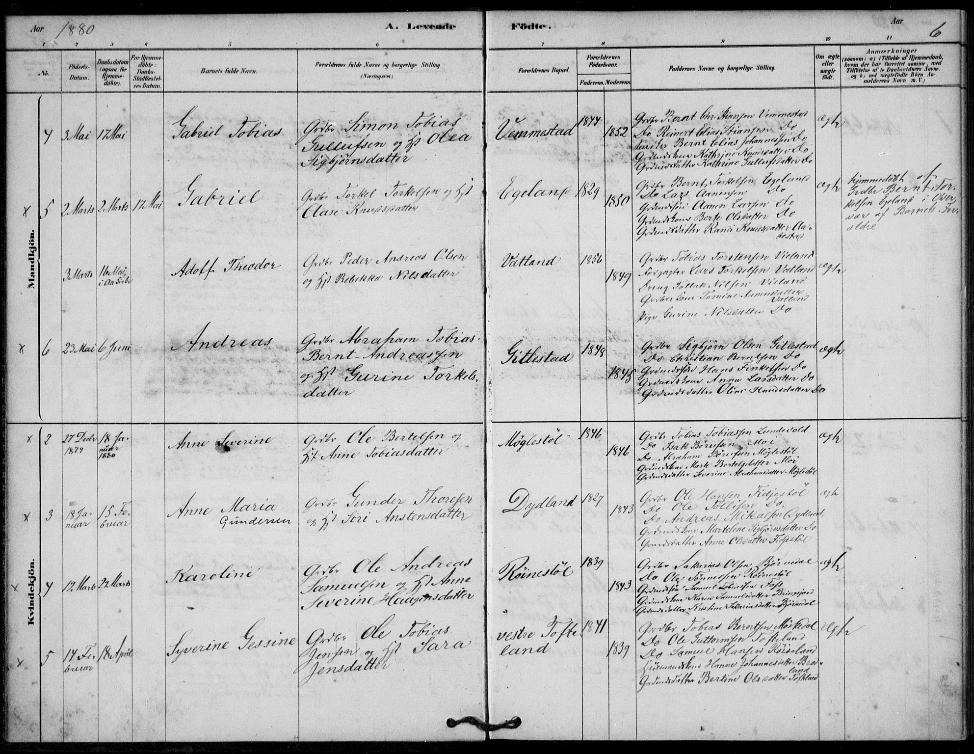 Lyngdal sokneprestkontor, SAK/1111-0029/F/Fa/Fab/L0003: Parish register (official) no. A 3, 1878-1903, p. 6