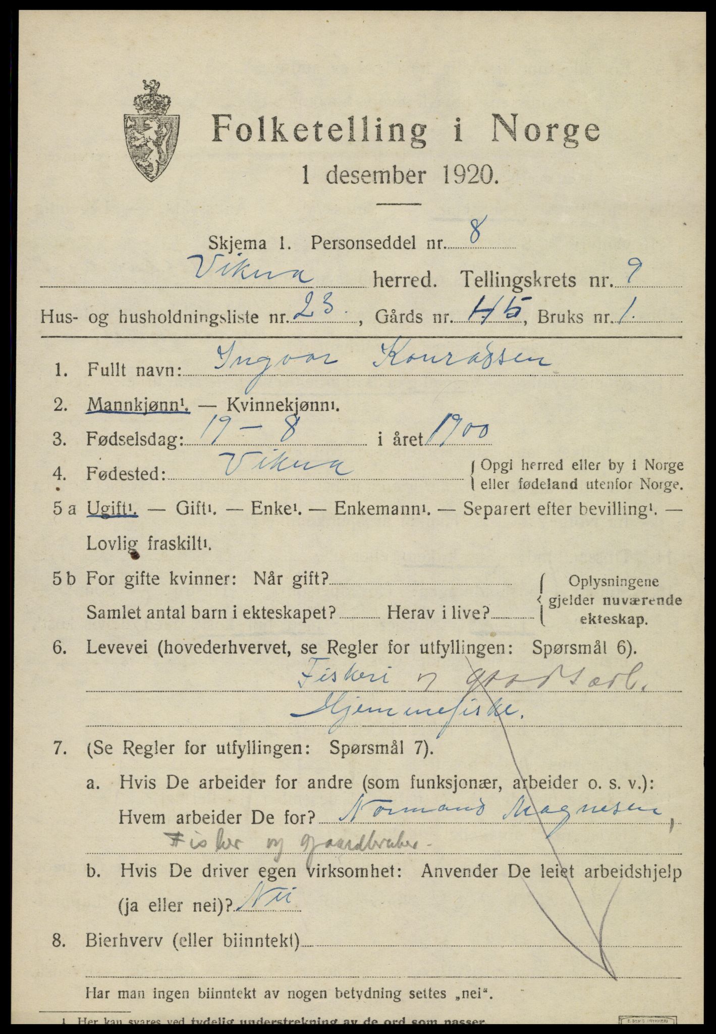 SAT, 1920 census for Vikna, 1920, p. 6679