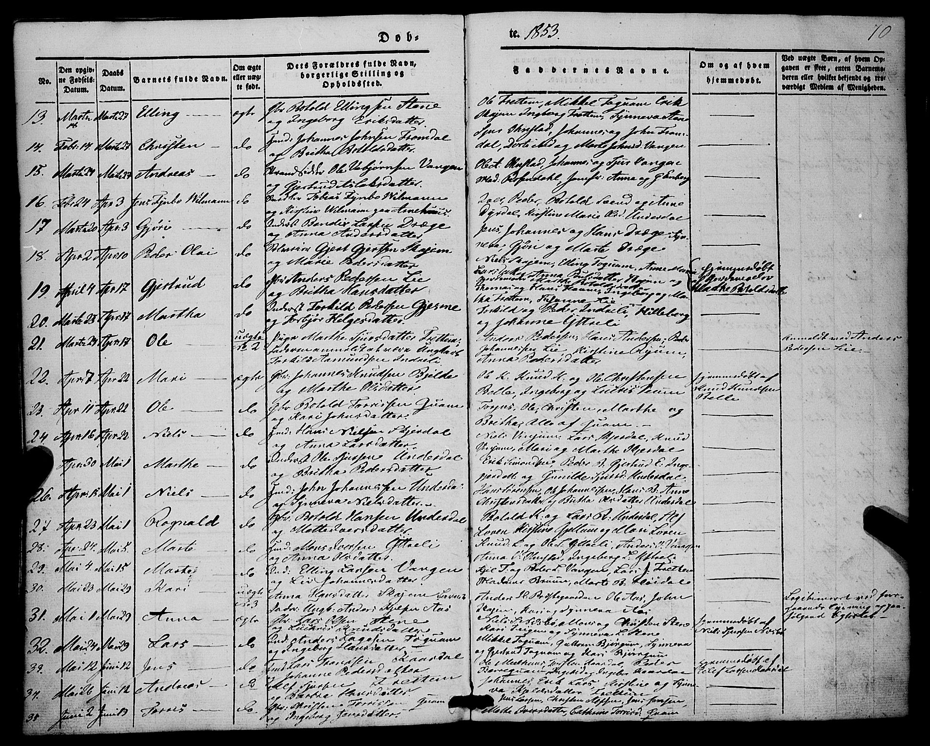 Aurland sokneprestembete, SAB/A-99937/H/Ha/Haa/L0007: Parish register (official) no. A 7, 1842-1853, p. 70