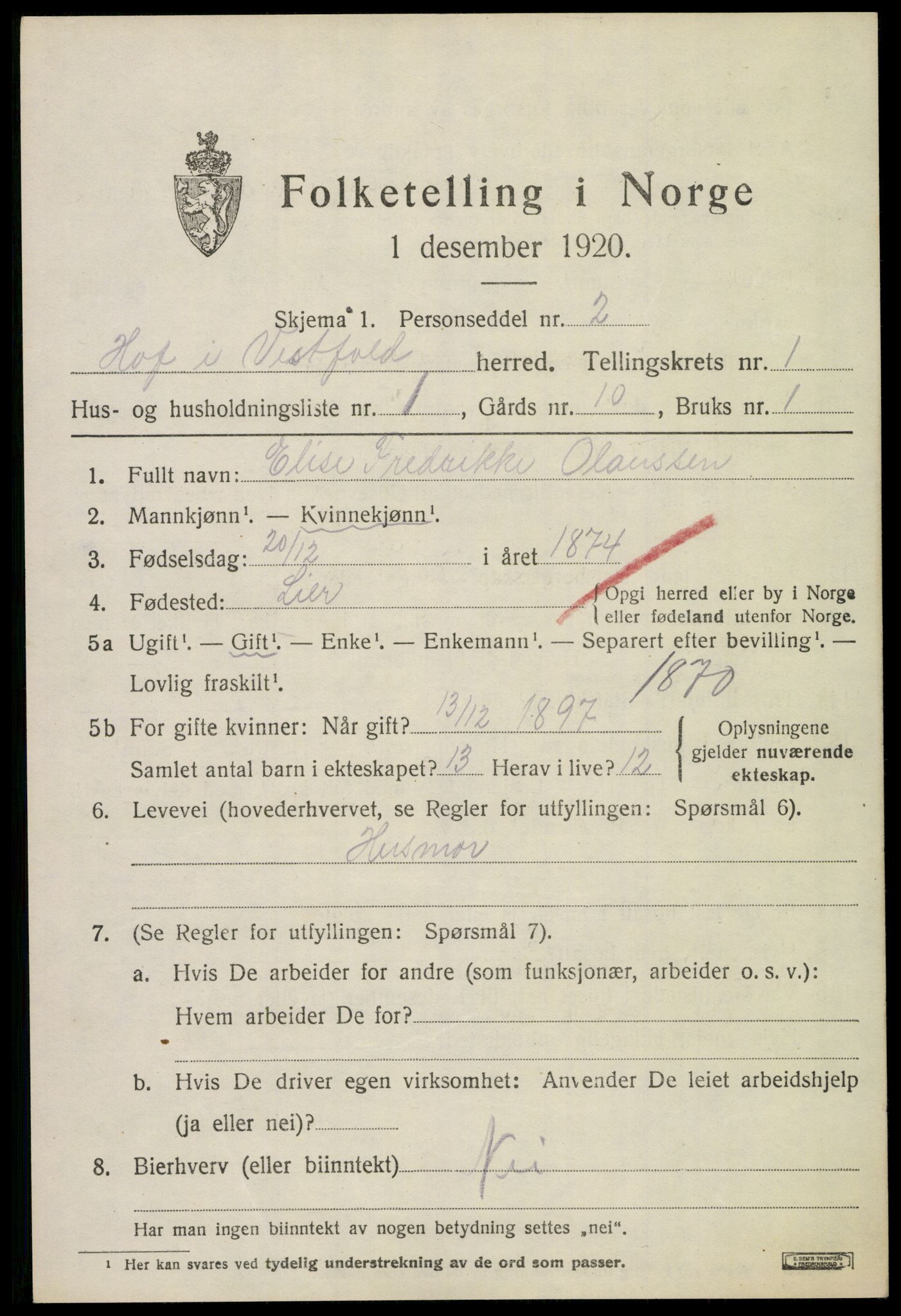 SAKO, 1920 census for Hof, 1920, p. 911