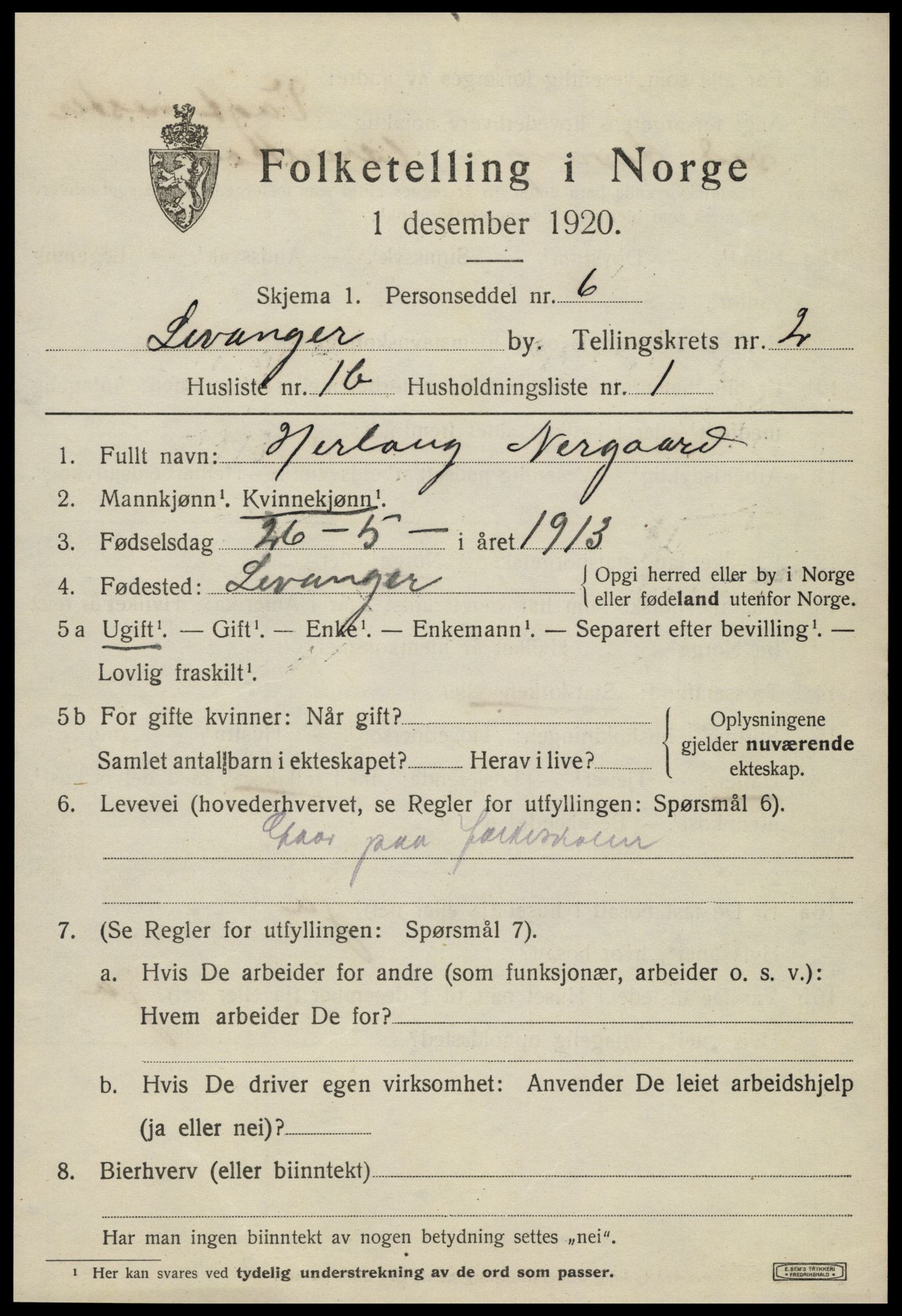 SAT, 1920 census for Levanger town, 1920, p. 2798