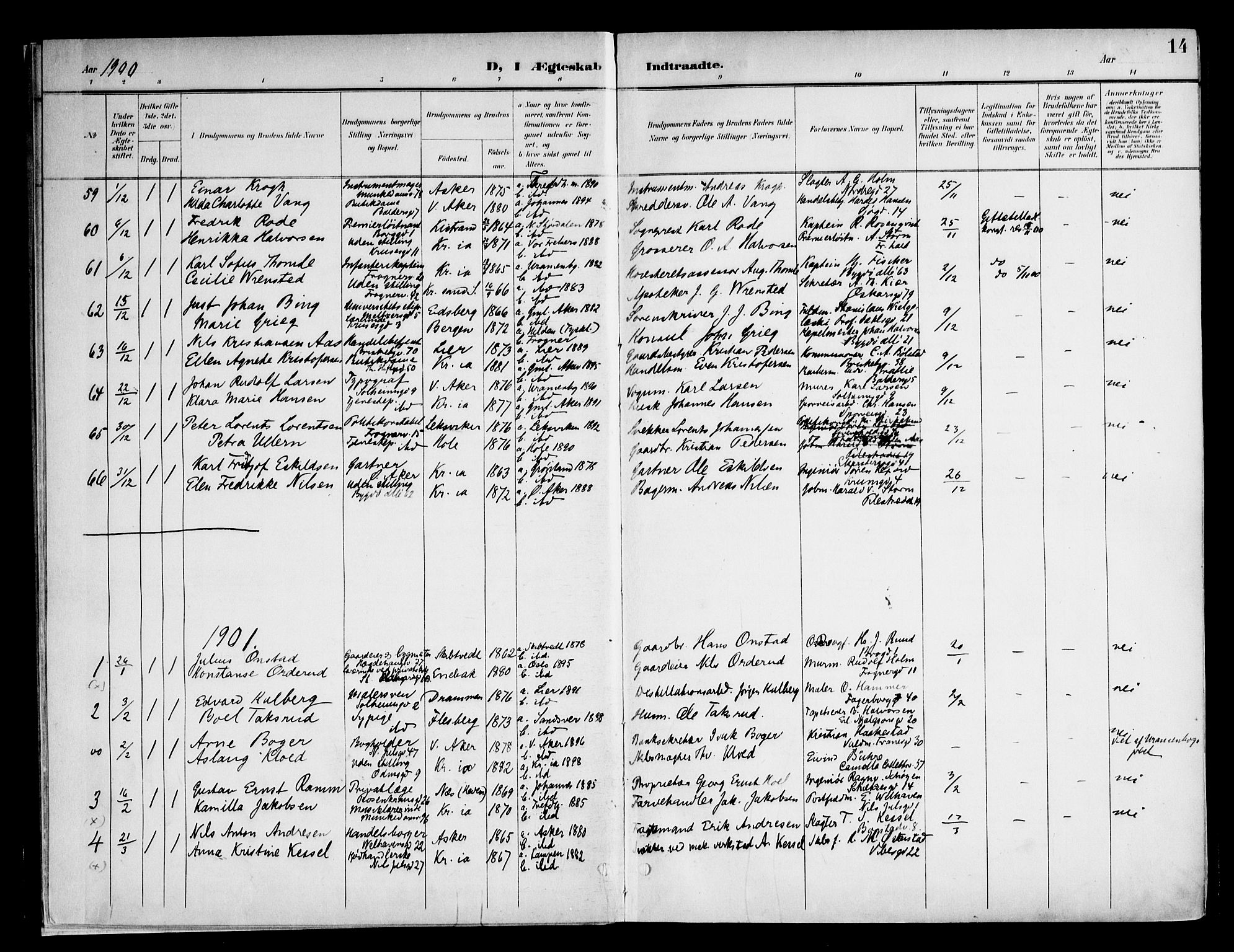 Frogner prestekontor Kirkebøker, AV/SAO-A-10886/F/Fa/L0003: Parish register (official) no. 3, 1898-1917, p. 14