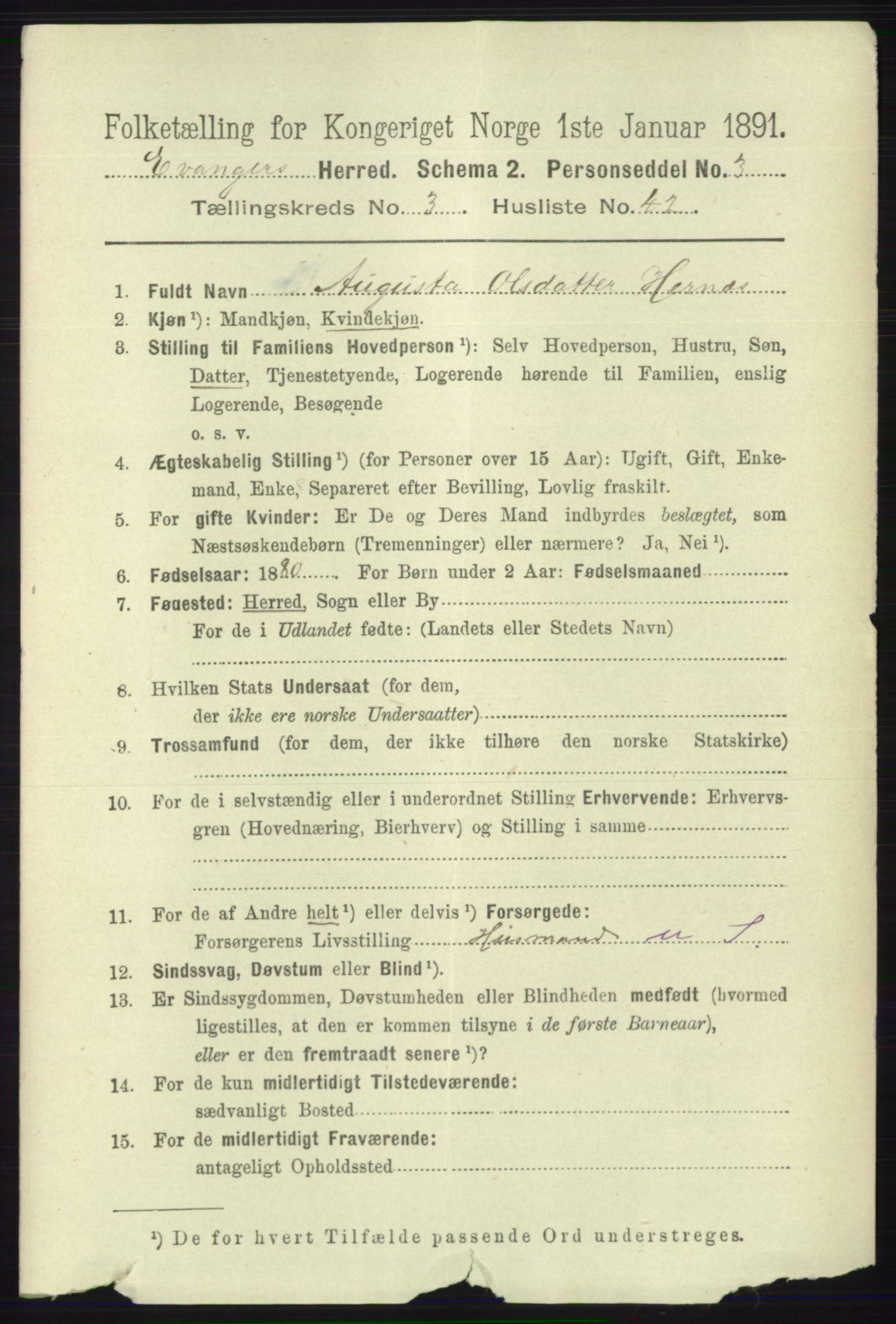 RA, 1891 census for 1237 Evanger, 1891, p. 1105