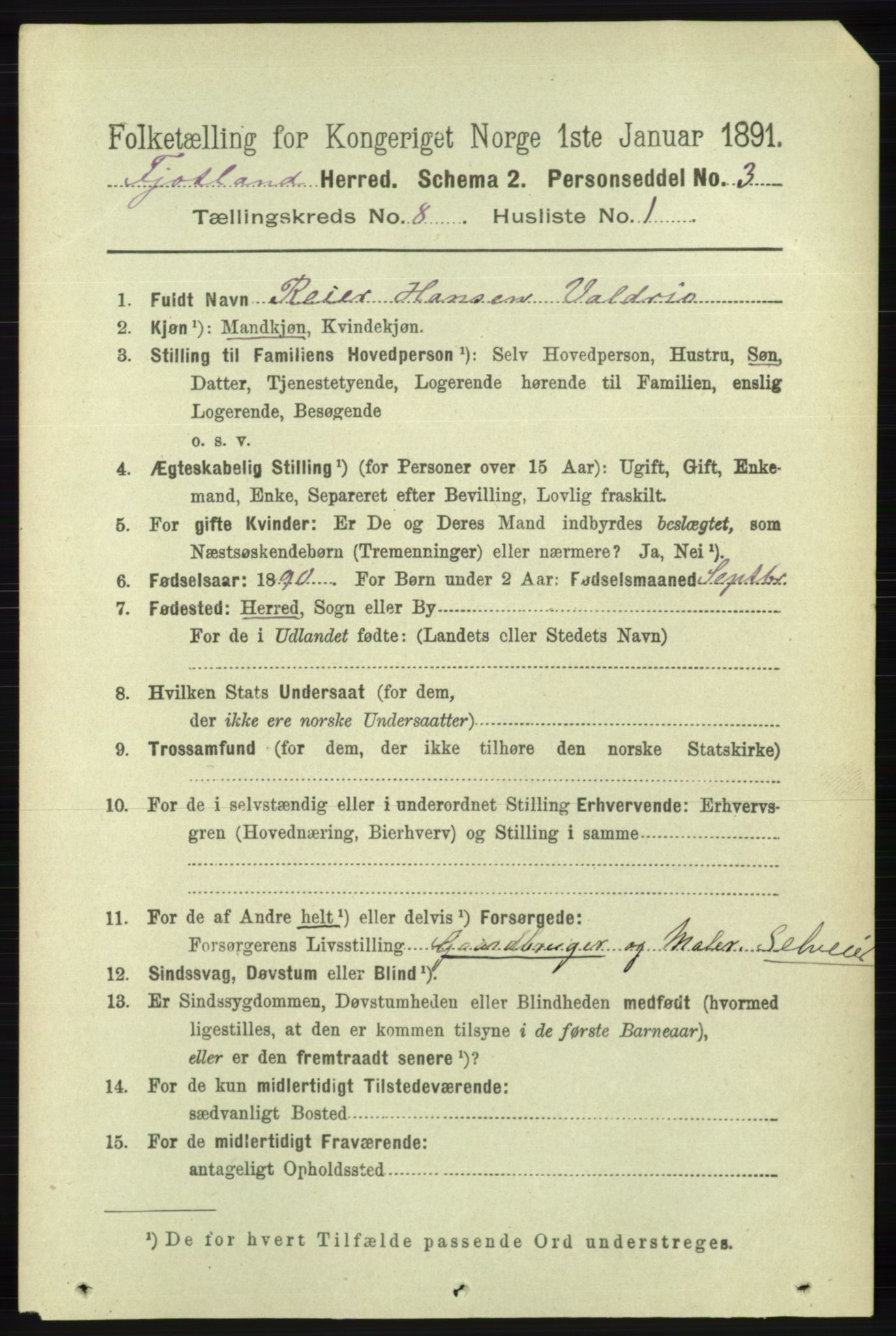 RA, 1891 census for 1036 Fjotland, 1891, p. 1191