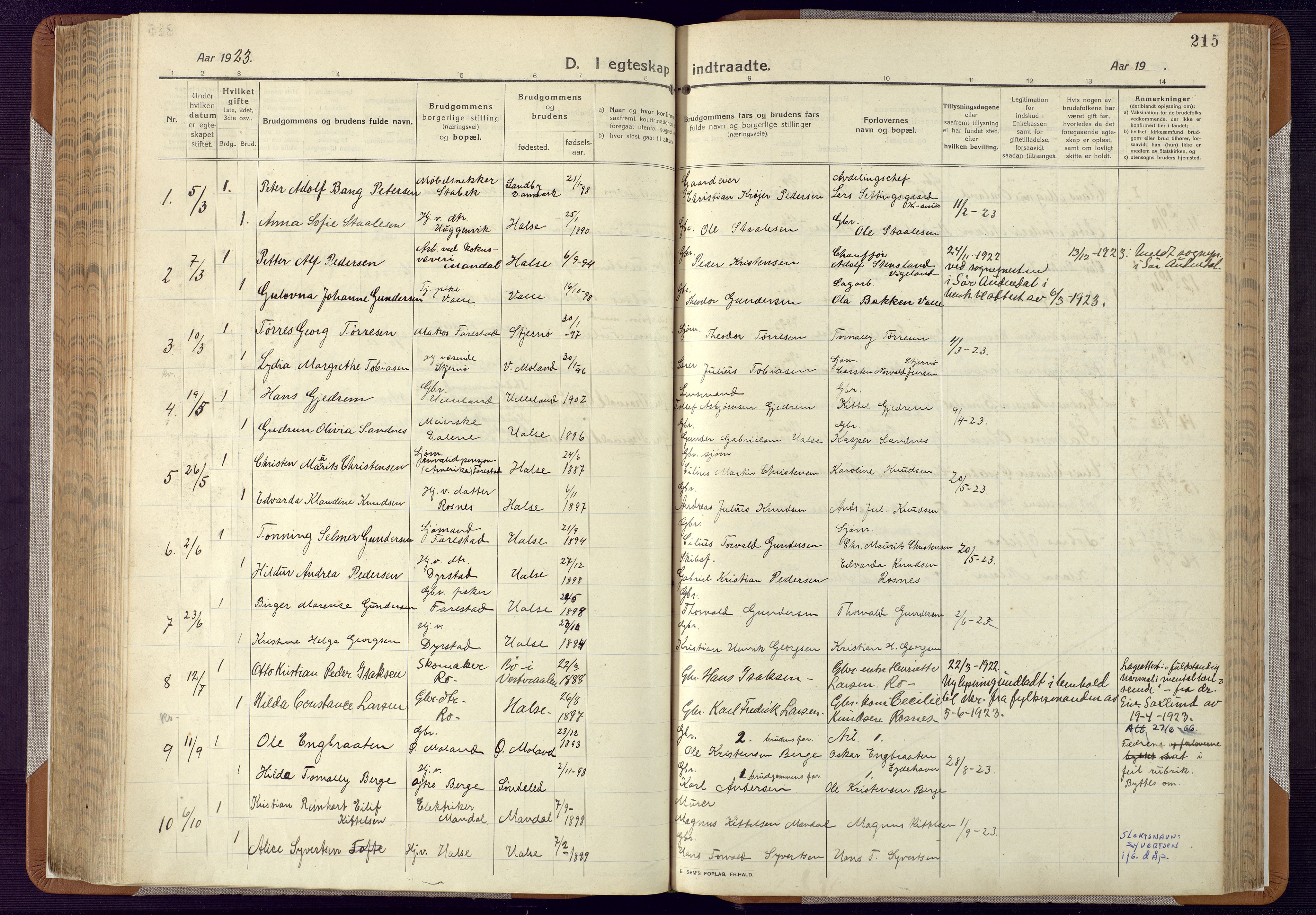 Mandal sokneprestkontor, SAK/1111-0030/F/Fa/Faa/L0022: Parish register (official) no. A 22, 1913-1925, p. 215