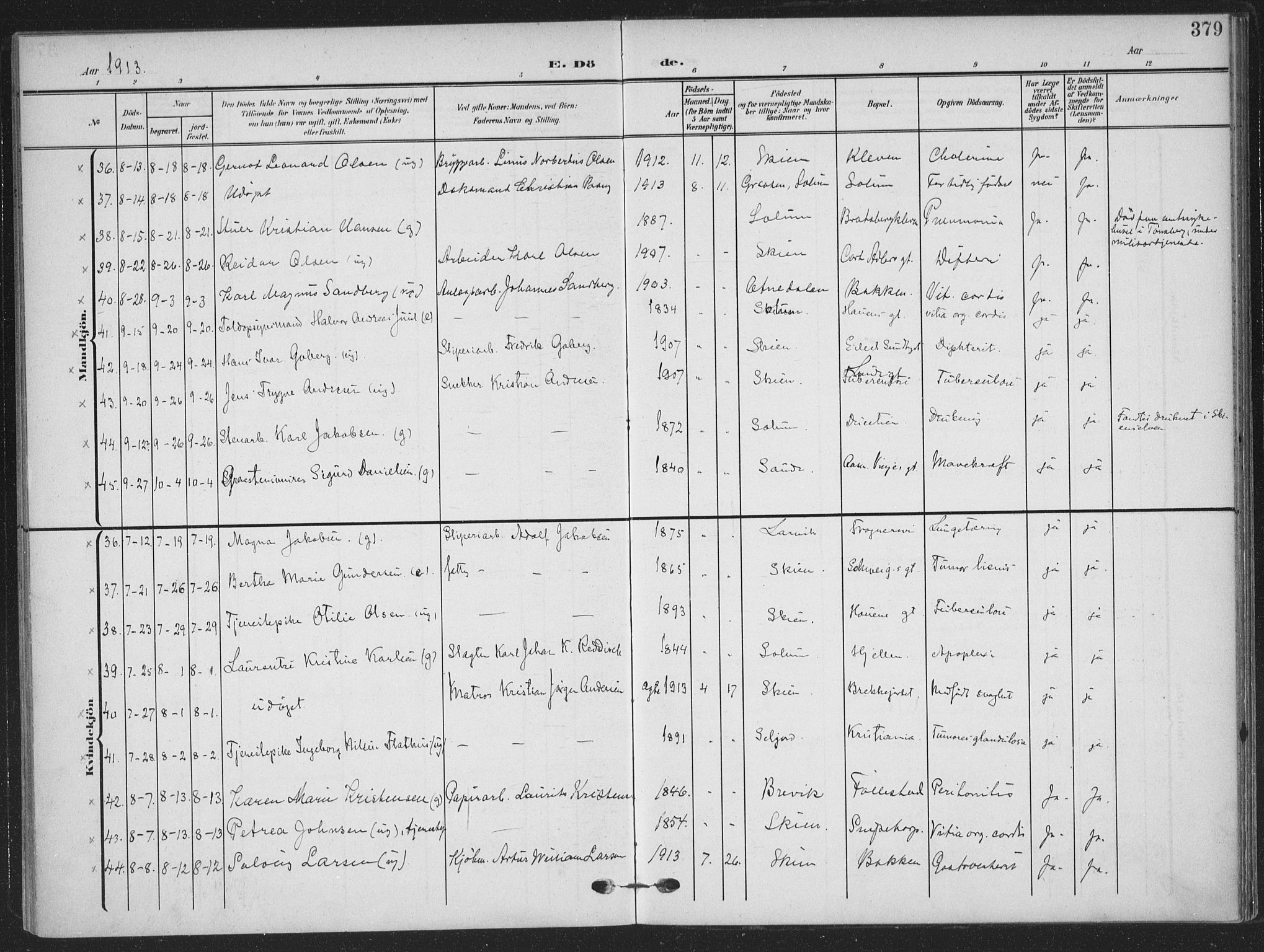 Skien kirkebøker, AV/SAKO-A-302/F/Fa/L0012: Parish register (official) no. 12, 1908-1914, p. 379